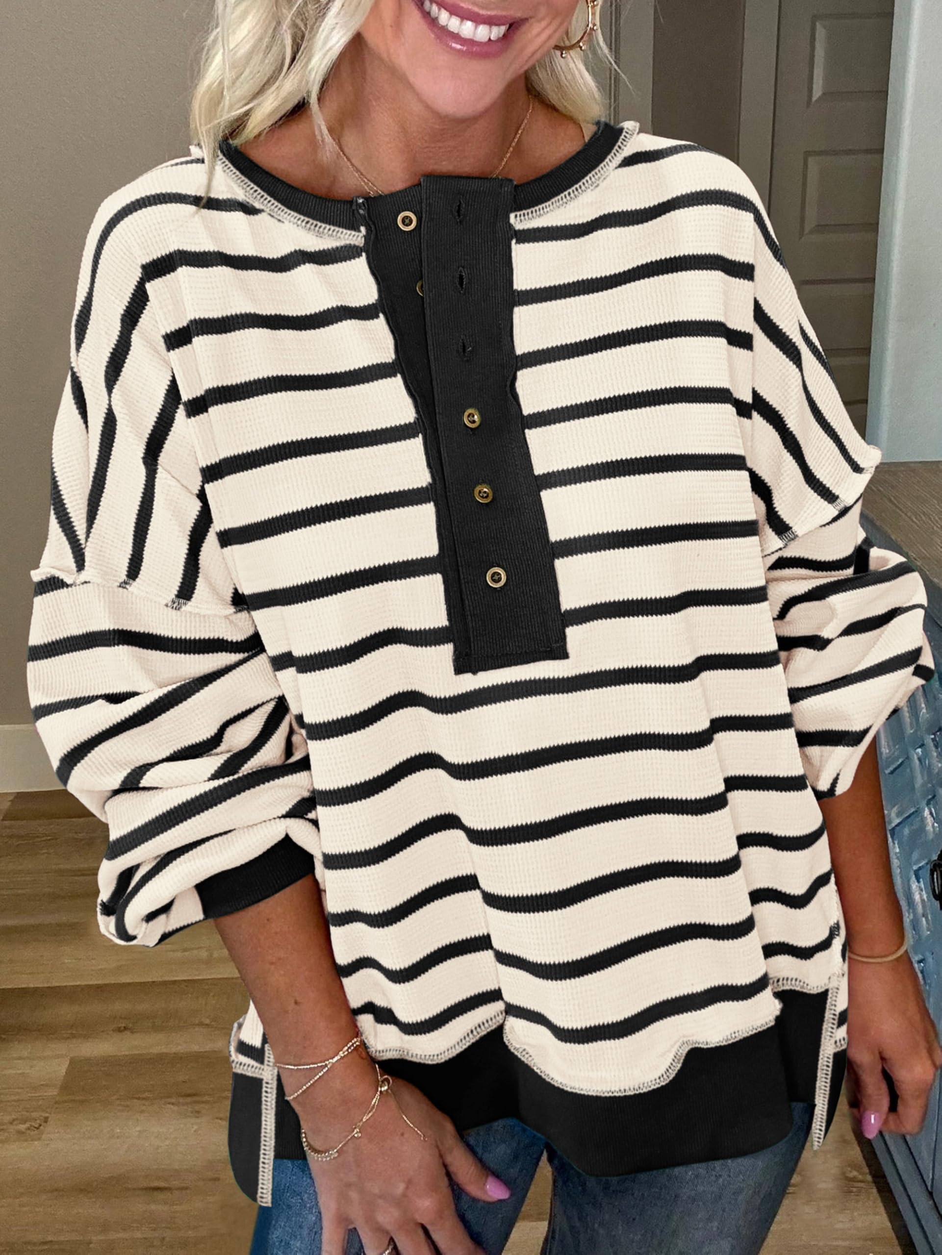 PRETTYGARDEN Women's Oversized Striped Sweatshirt - Long Sleeve Button Up Henley Neck Waffle Knit Pullover Tunic Top for Fall 2025 | Casual Outfit, Layering Piece & Cozy Loungewear