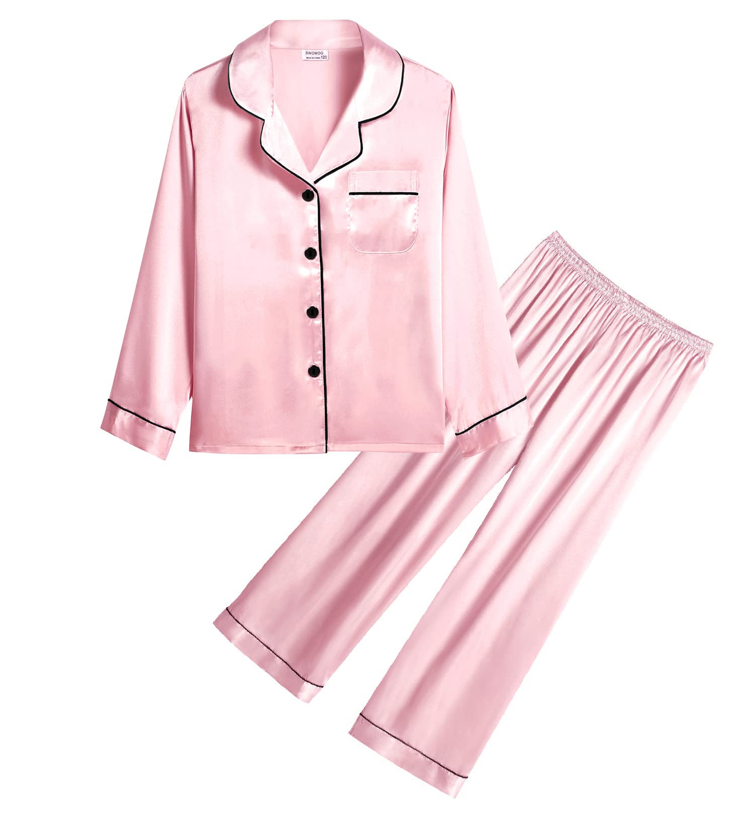 SWOMOG Kids Silk Satin Pajama Set for Girls & Boys - Button Down Long Sleeve Two-Piece Sleepwear - Soft & Comfortable White PJS for Bedtime, Lounging & Family Matching Outfits