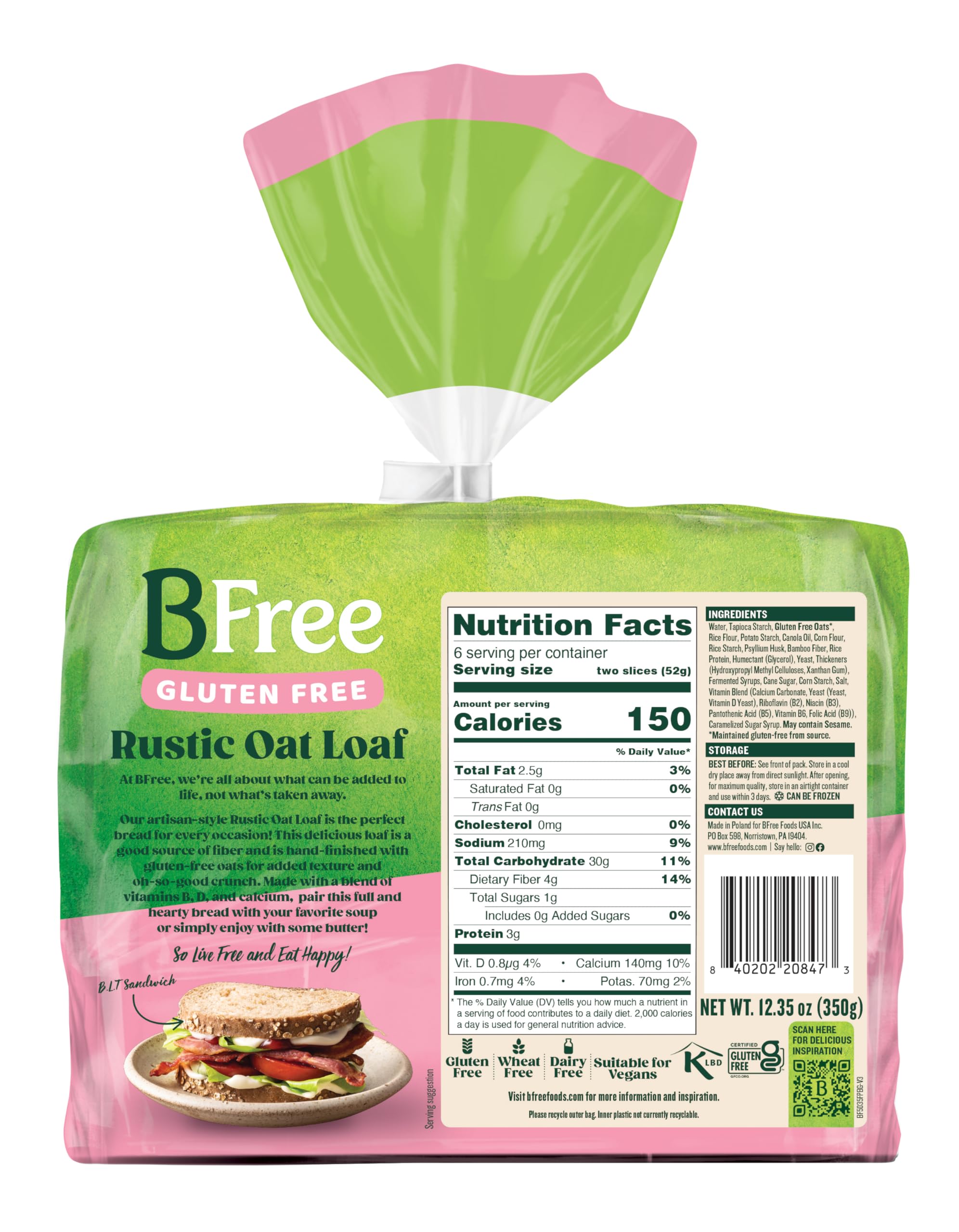 BFree Gluten Free Oat Bread Loaf 12.3oz (6 Pack) - Vegan, Dairy Free, Wheat Free, Pre-Sliced | Perfect for Sandwiches, Toast & Healthy Breakfast