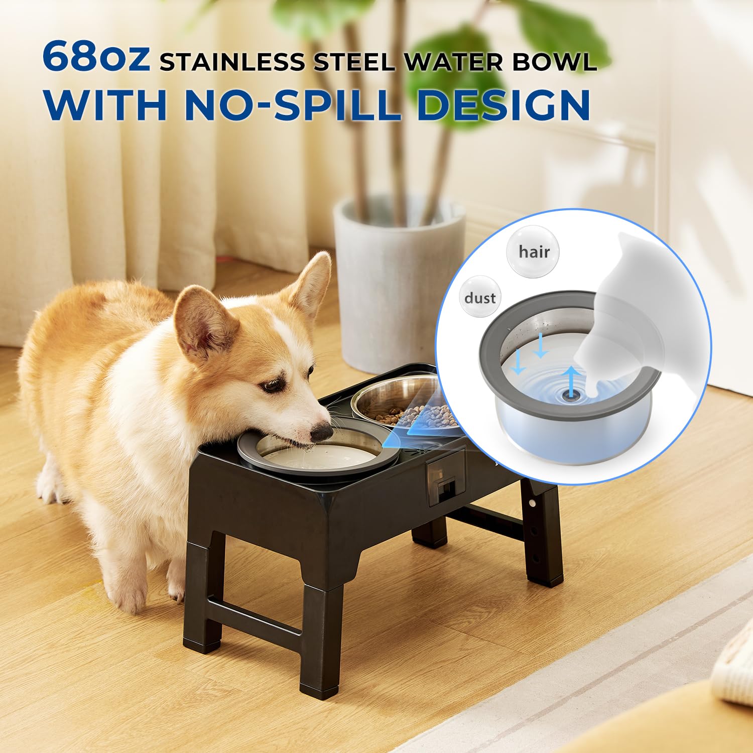 3-in-1 Adjustable Elevated Dog Bowls Set - Slow Feeder & No-Spill Water Bowl with Stainless Steel Food Dish, 4 Height Settings up to 13.4