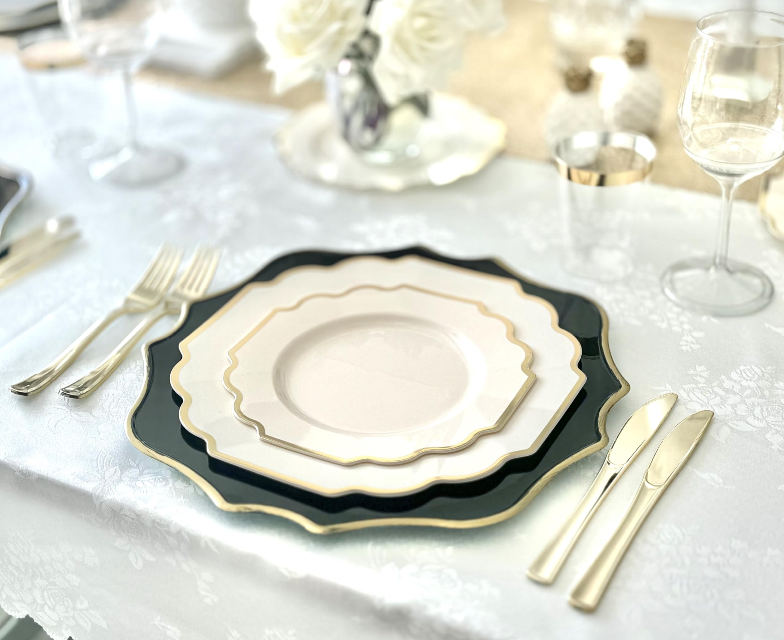 960-Piece Heavyweight Disposable Plastic Plate Set for Weddings & Parties - 120 x 10.5'' Dinner Plates, 120 x 8'' Dessert Plates, Silverware, Cups & Napkins in Imperial Ivory & Gold - Perfect for 120 Guests | Elegant Tableware for Wedding Receptions, Bridal Showers & Special Events