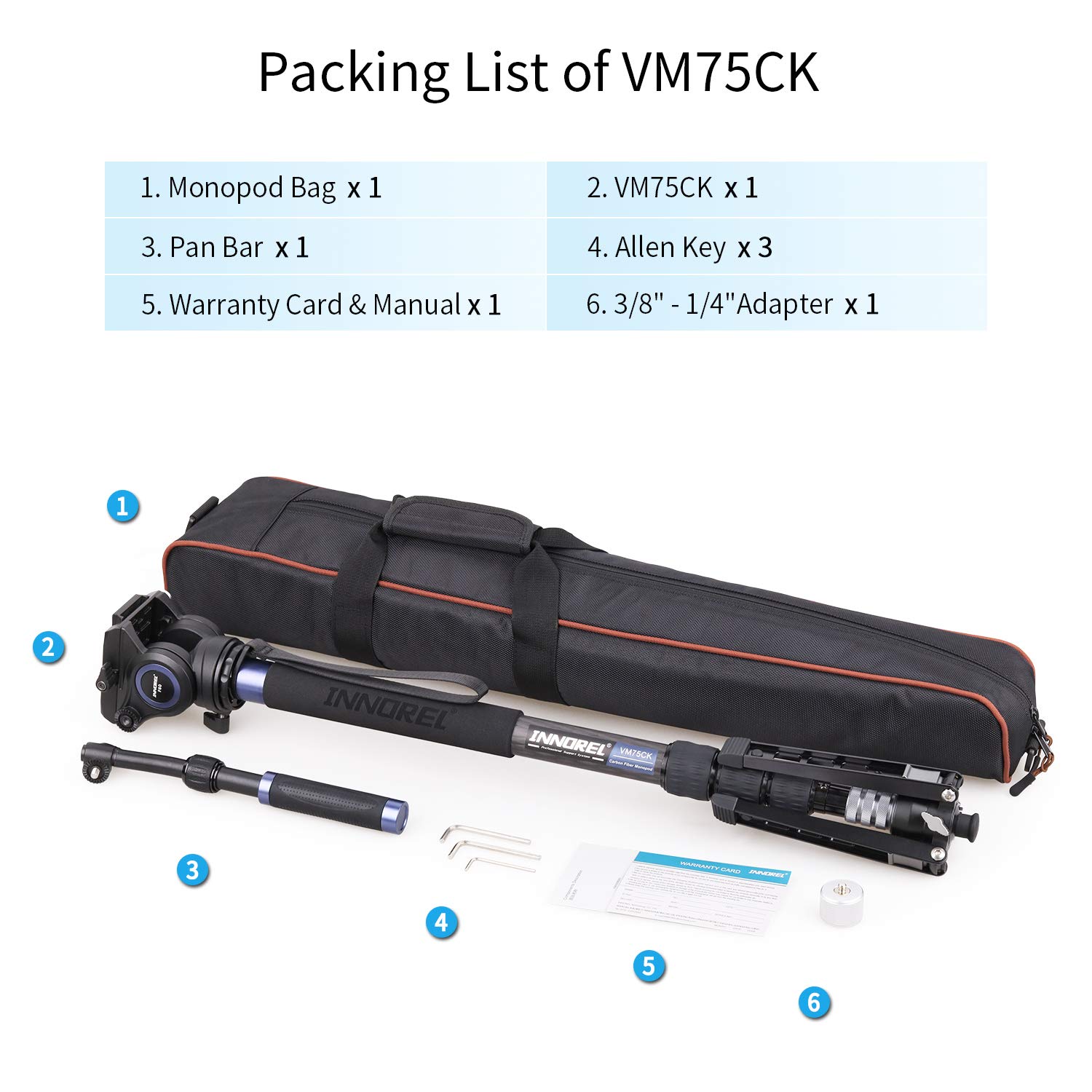 INNOREL VM75CK Carbon Fiber Video Monopod with Hydraulic Fluid Head - Professional Telescopic Tripod Stand for DSLR, Camcorder, GoPro - Max Load 22lbs/10kg - Perfect for Travel, Vlogging & Outdoor Photography