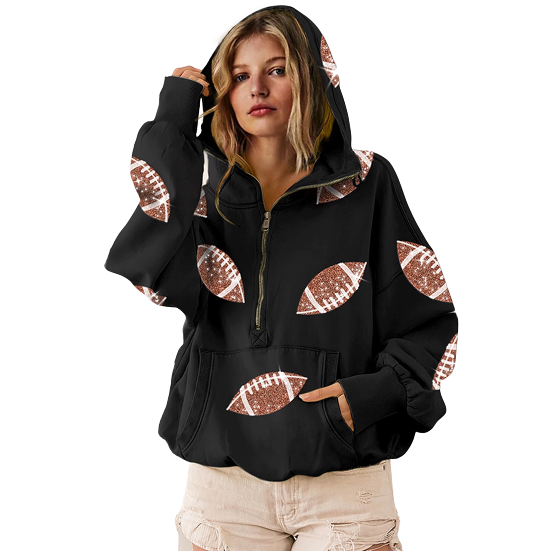 SeekMe Women's Football Game Day Sequin Hoodie - Long Sleeve Zipper Sweatshirt with Pocket for Tailgate Parties, Sports Events & Casual Wear