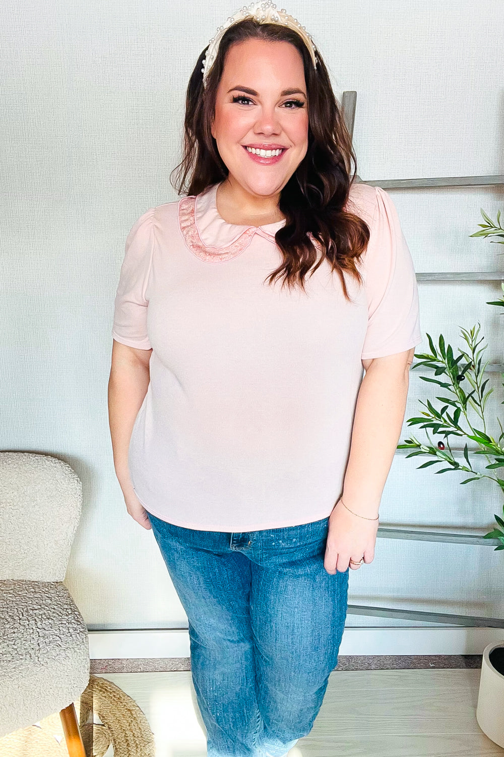 New Day Blush Flat Collar Floral French Terry Blouse - Women's Elegant Casual Top for Work & Weekend Outings