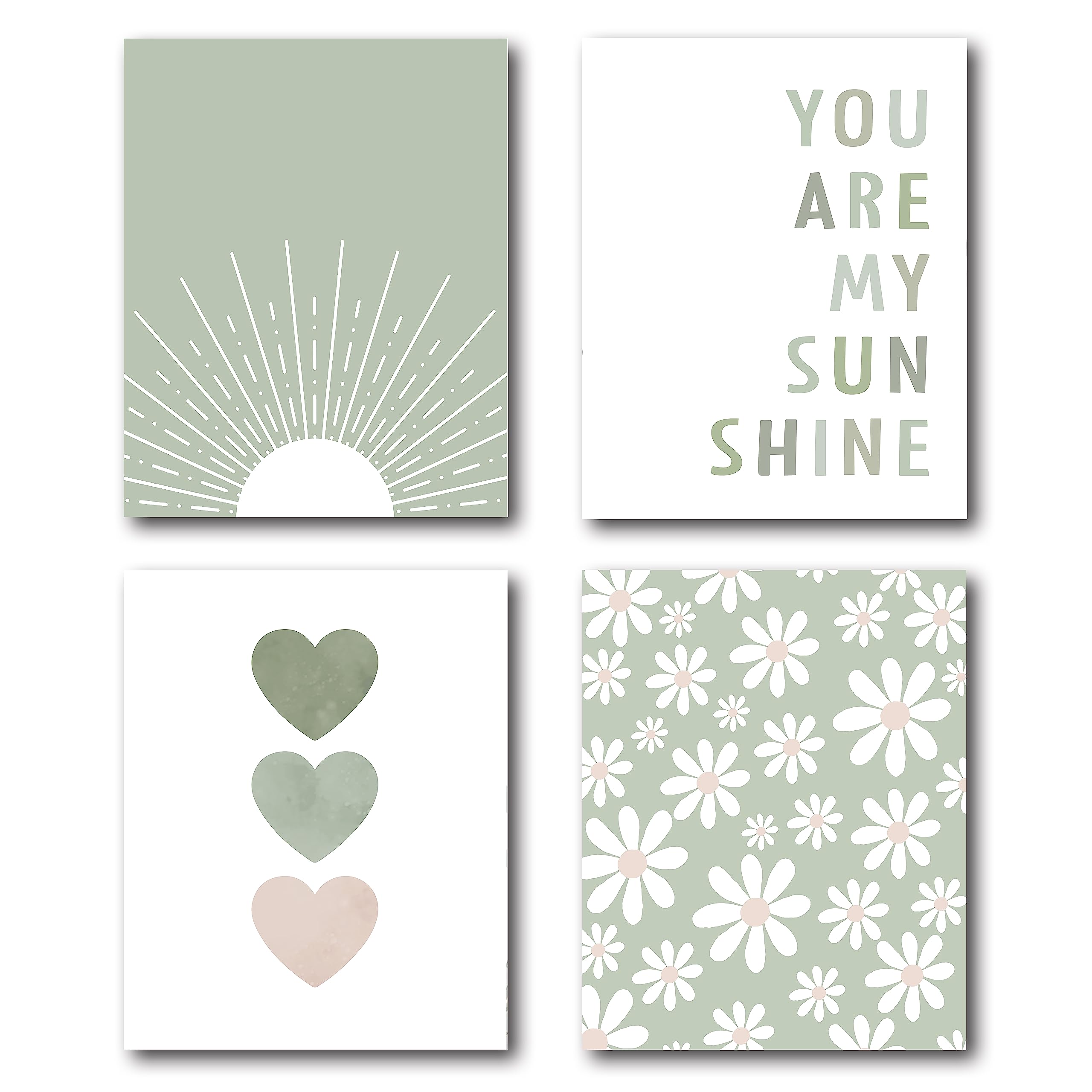 Boho Sage Green Sun Daisy Flower Heart Wall Art Prints - Set of 4 Unframed 8x10 Inch Posters | Bohemian Nursery Decor for Baby Girls Room | Perfect as Boho Gifts for Girls & Wall Decor | Ideal for Nursery, Bedroom, Living Room & Boho-Themed Spaces