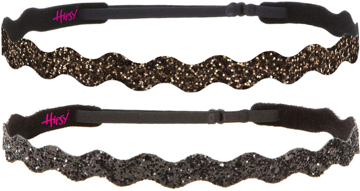 Sparkly Bling Glitter Wave Headbands 2-Pack - Adjustable No Slip Hair Accessories for Women, Girls & Teens (Black & Brown) | Perfect for Sports, Workouts, School & Everyday Fashion