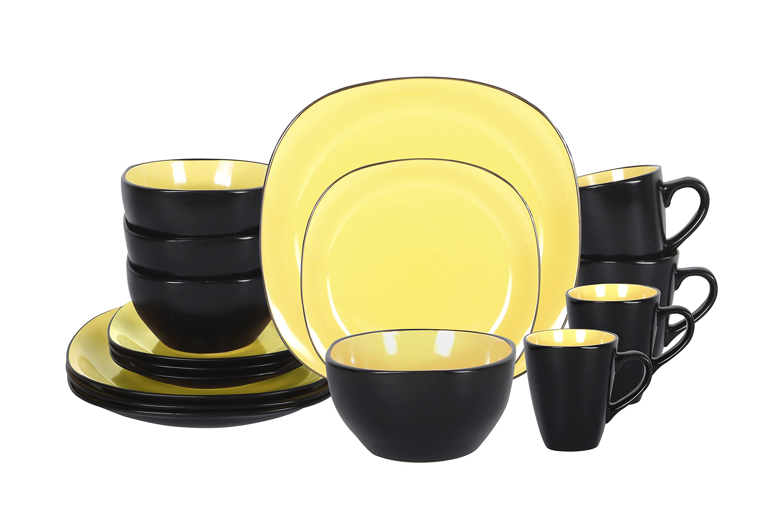 16-Piece Stoneware Dinnerware Set - Shiny Yellow Inside & Matte Black Outside - Elegant Square Plates & Bowls for Modern Dining, Dinner Parties, and Home Decor