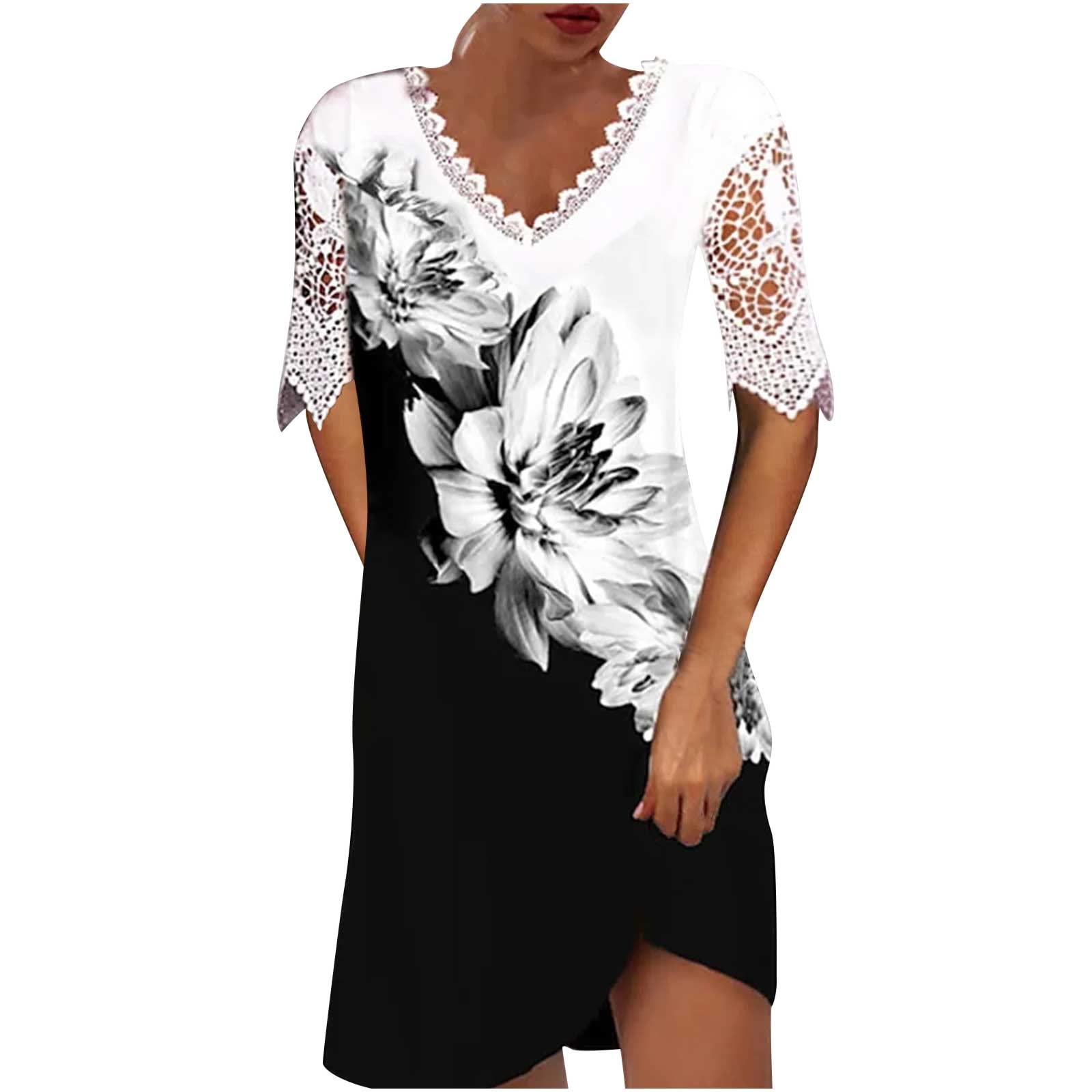 Boho Wedding Guest Dress - Lace Trim V-Neck Hollow Out Half Sleeve Summer Dress for Women | Knee Length Loose Shift Dress for Bridal Shower, Garden Party & Beach Wedding