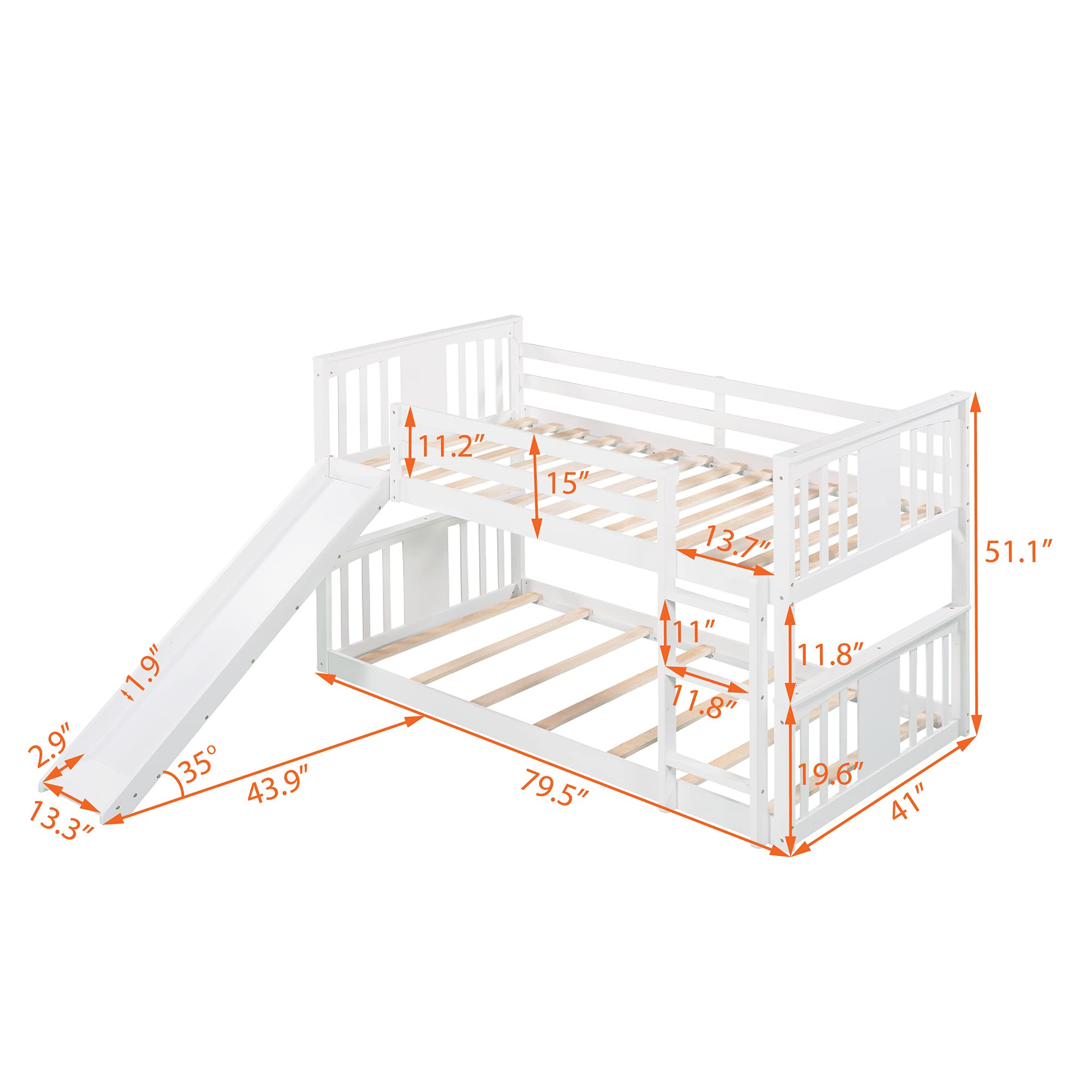 **Twin Over Twin Kids Bunk Bed with Slide & Ladder - Wooden Low Bunk Bed for Children (White) - Perfect for Small Bedrooms, Playrooms & Sleepovers**