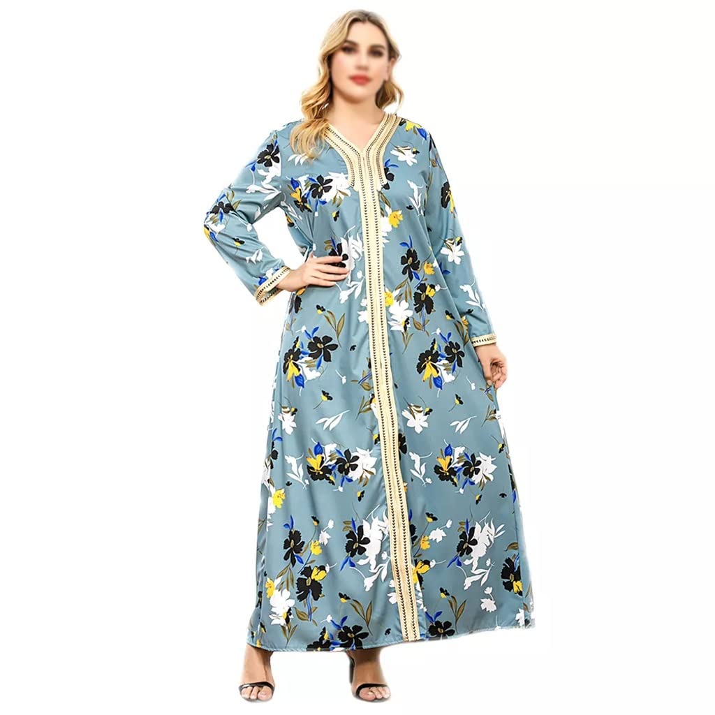 SKREOJF Blue V-Neck Plus Size Floral Dress for Women - Elegant Long Sleeve Maxi Robe (Large) | Perfect for Weddings, Parties & Special Occasions