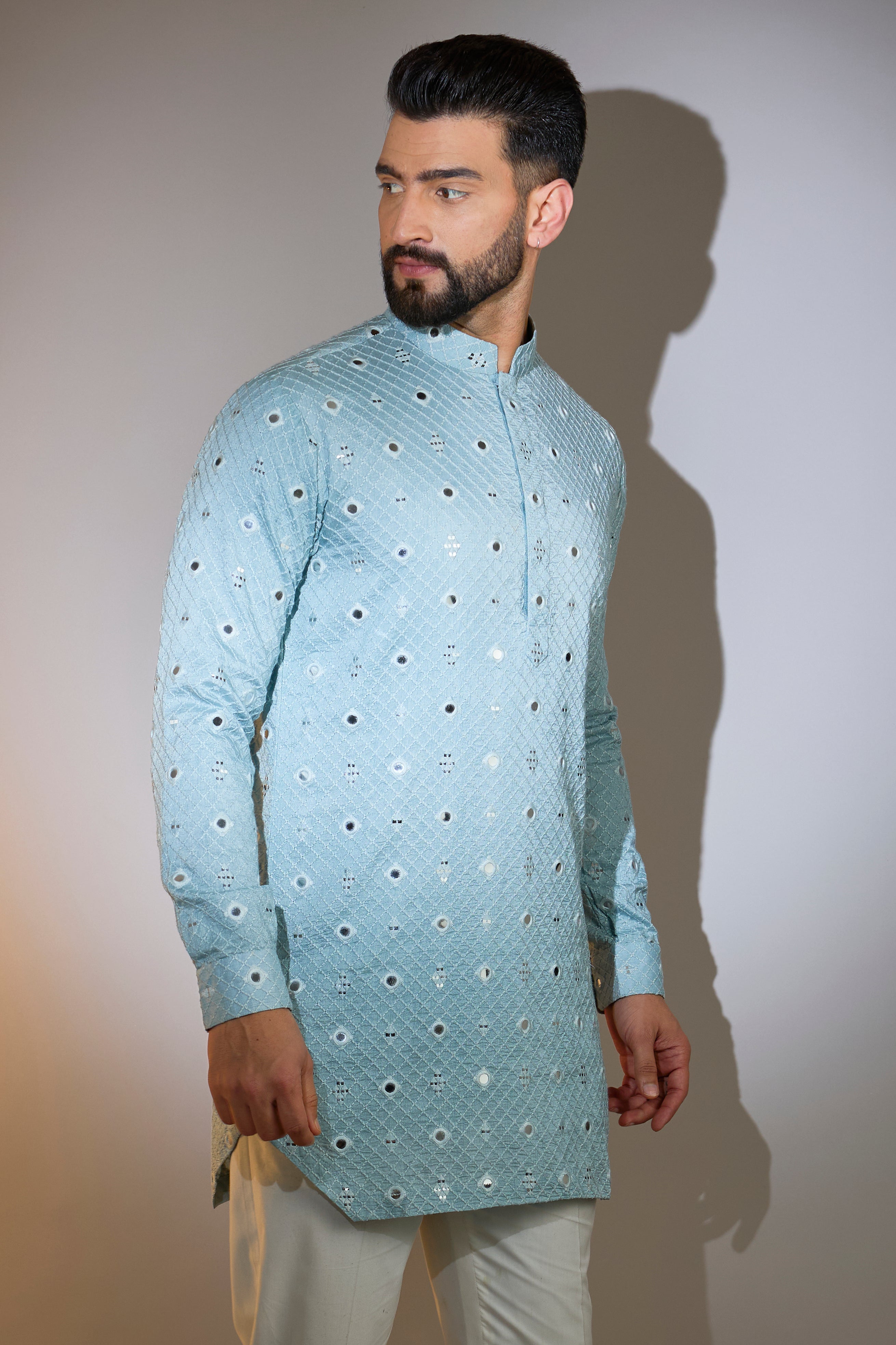 Powder Blue Short Mirror Work Kurta for Women - Embroidered Indian Ethnic Top - Perfect for Festivals, Parties & Casual Wear