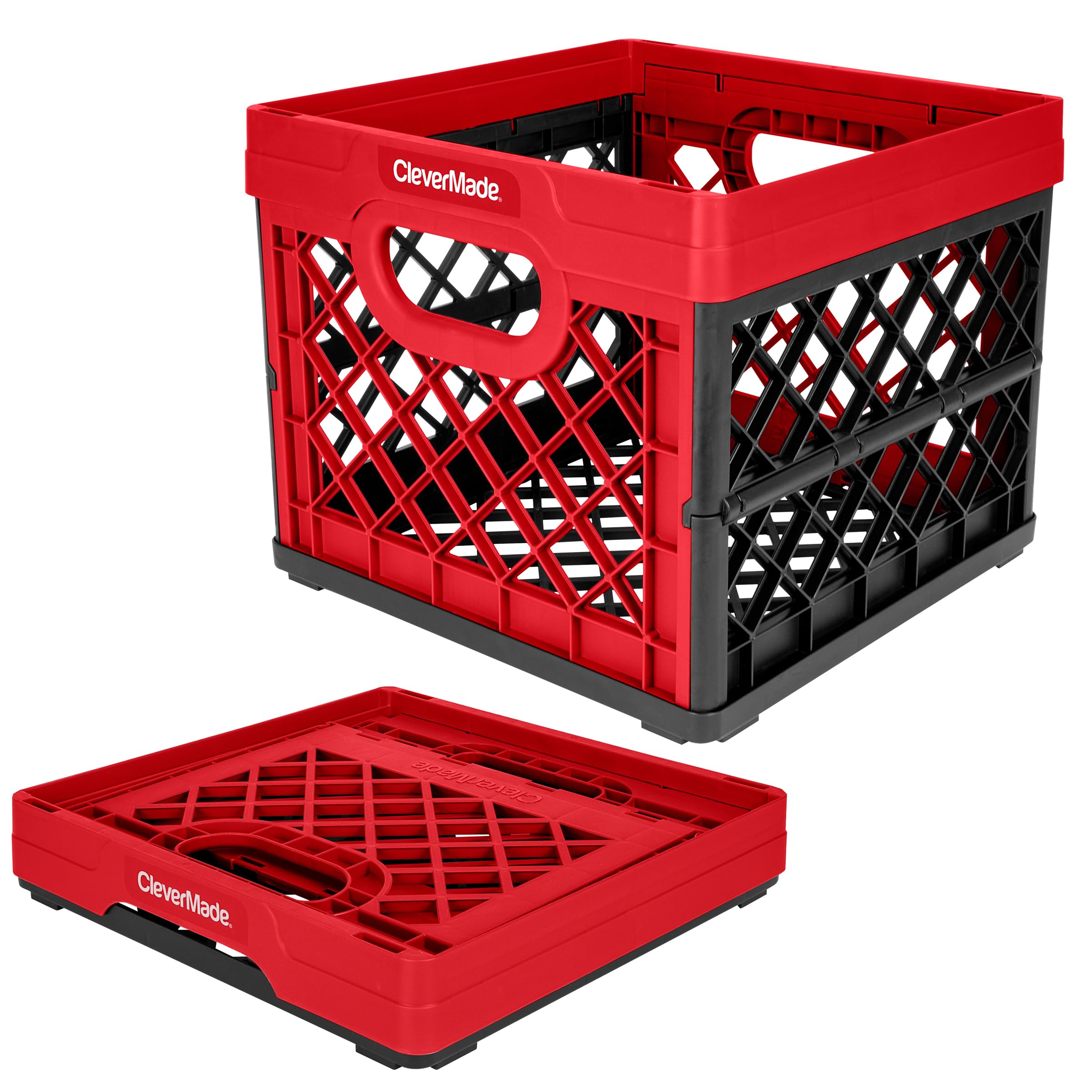 CleverMade Collapsible Milk Crate - Heavy Duty 25L (6 Gal) Stackable Storage Bin, Holds 50lbs - Red Plastic Multi-Purpose Collapsible Crate for Home, Garage, Office, and Outdoor Storage