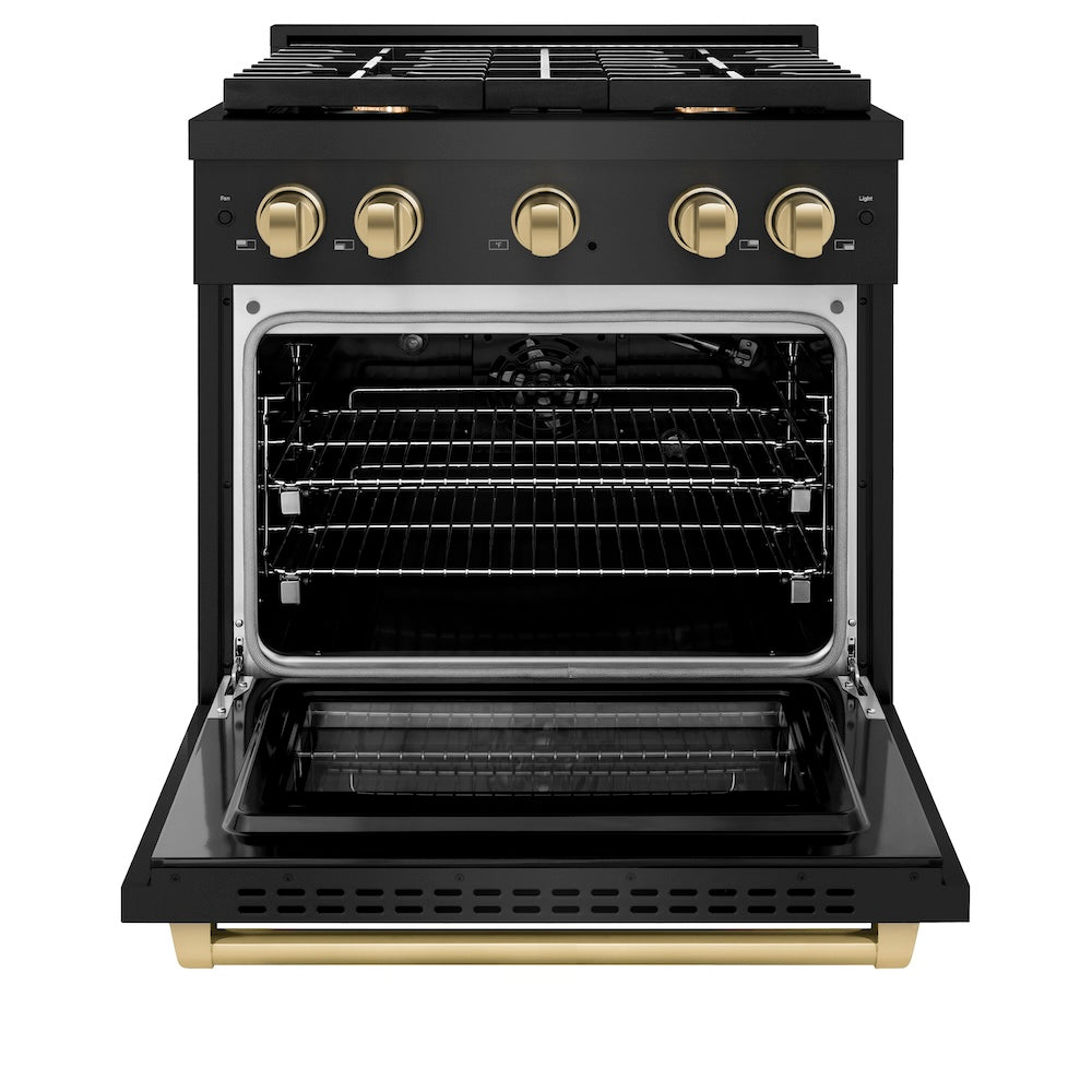 ZLINE Autograph Edition 30-inch 4.2 cu. ft. Paramount Gas Range with 4 Burner Cooktop & Convection Gas Oven - Black Stainless Steel with Champagne Bronze Accents (SGRBZ 30 CB) | Professional Kitchen Appliance for Home Chefs & Cooking Enthusiasts