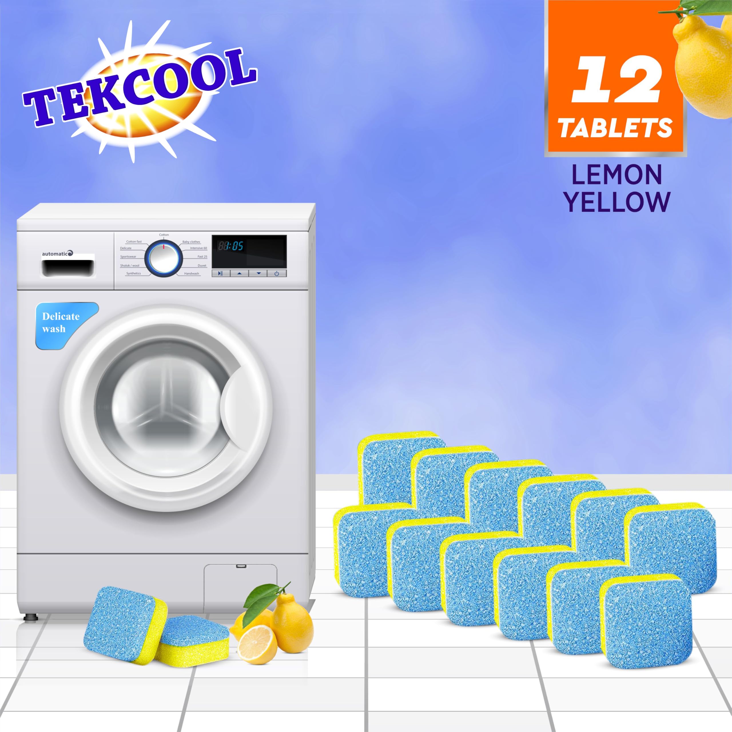 TEKCOOL Washing Machine Cleaner Tablets - 12 Pack Descaling Powder for Deep Cleaning Front & Top Load Washers | Lemon Scented | Removes Odor, Mold & Residue | Ideal for Laundry Maintenance & Appliance Care