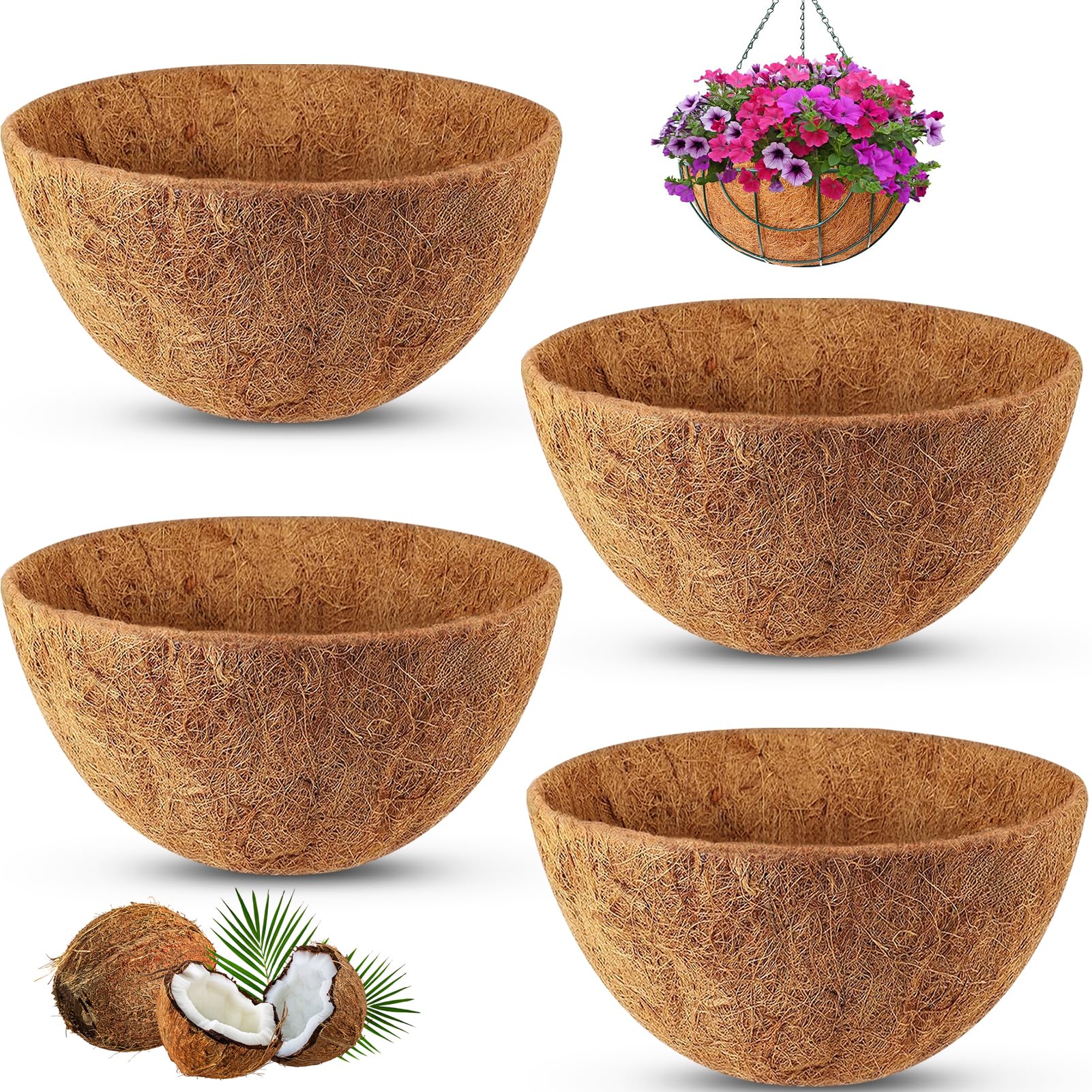 Remiawy 12 Inch Hanging Basket Coco Liners - 4 Pack Natural Coconut Fiber Planter Basket Liners for Outdoor Garden, Flowers, Vegetables - Durable & Eco-Friendly Replacement for Hanging Planters