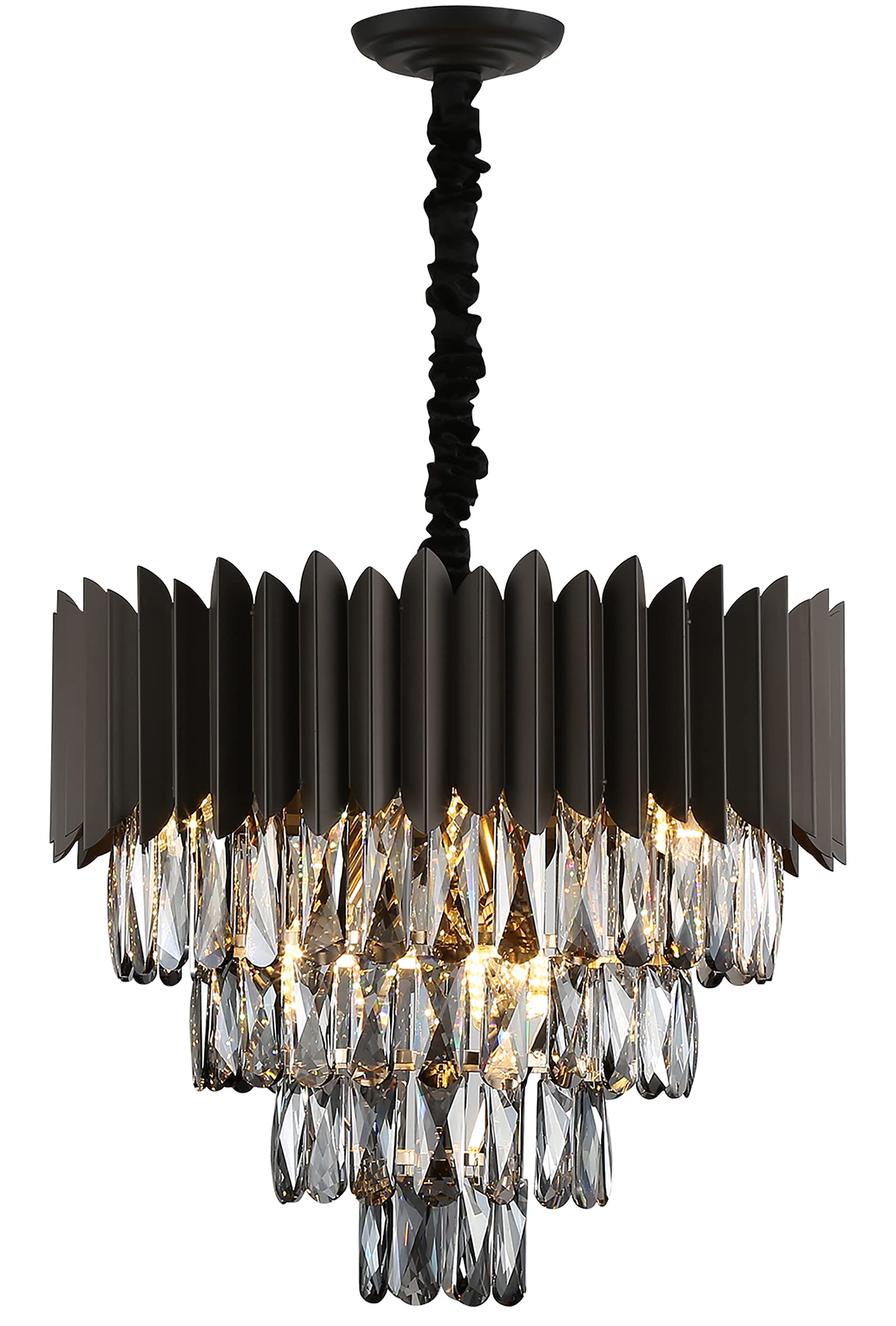 20'' Modern Crystal Chandelier - Contemporary Black 9-Light 4-Tier Raindrop Ceiling Pendant Light Fixture with Brown Frame for Dining Room, Living Room, Bedroom & Entryway | Elegant Lighting for Home Decor, Weddings & Luxury Interiors