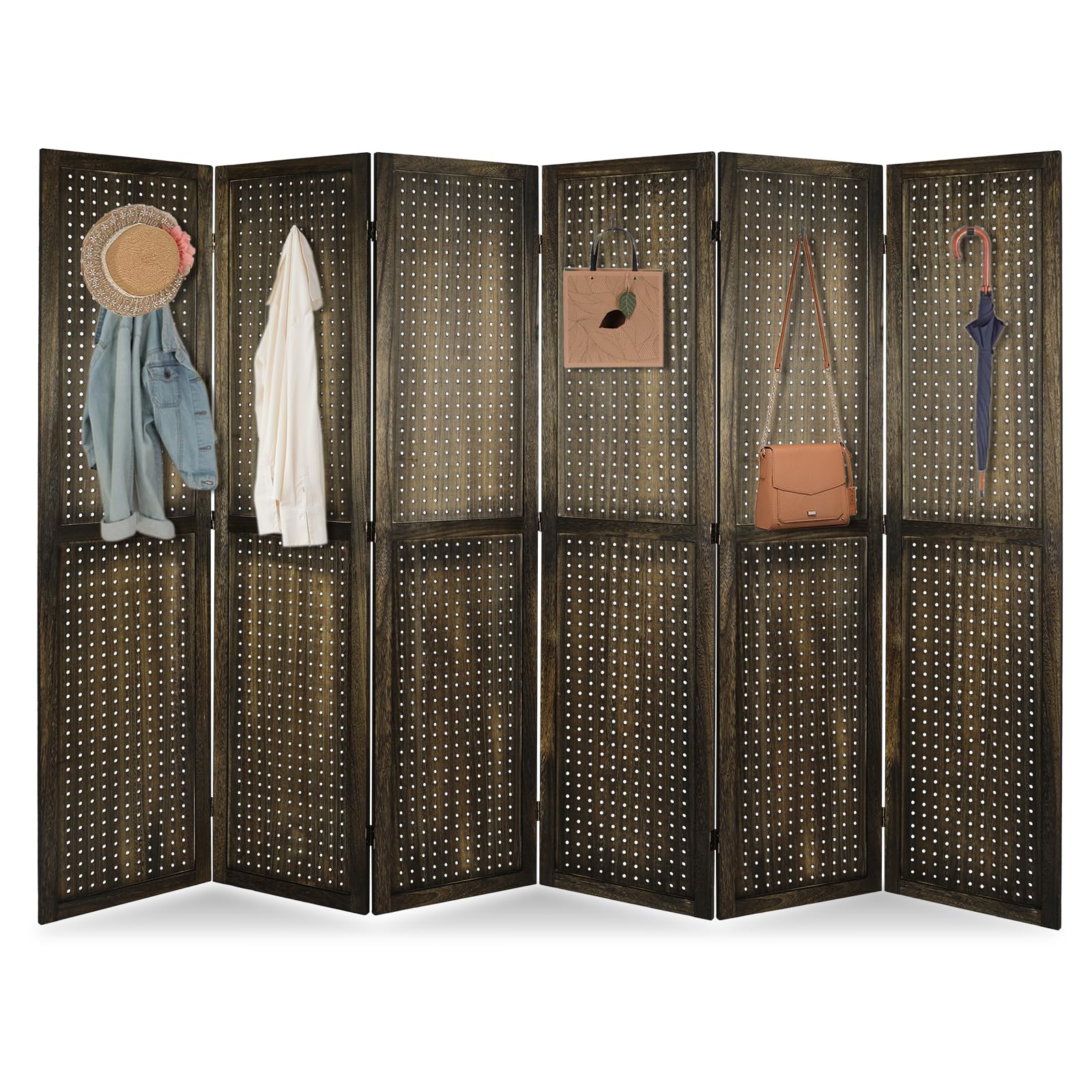 ECOMEX 6 Panel Wooden Room Divider - 5.6Ft Folding Privacy Screen with Pegboard Display | Freestanding Partition for Trade Shows, Craft Fairs & Home Organization | Retro Brown Finish for Stylish Room Separation