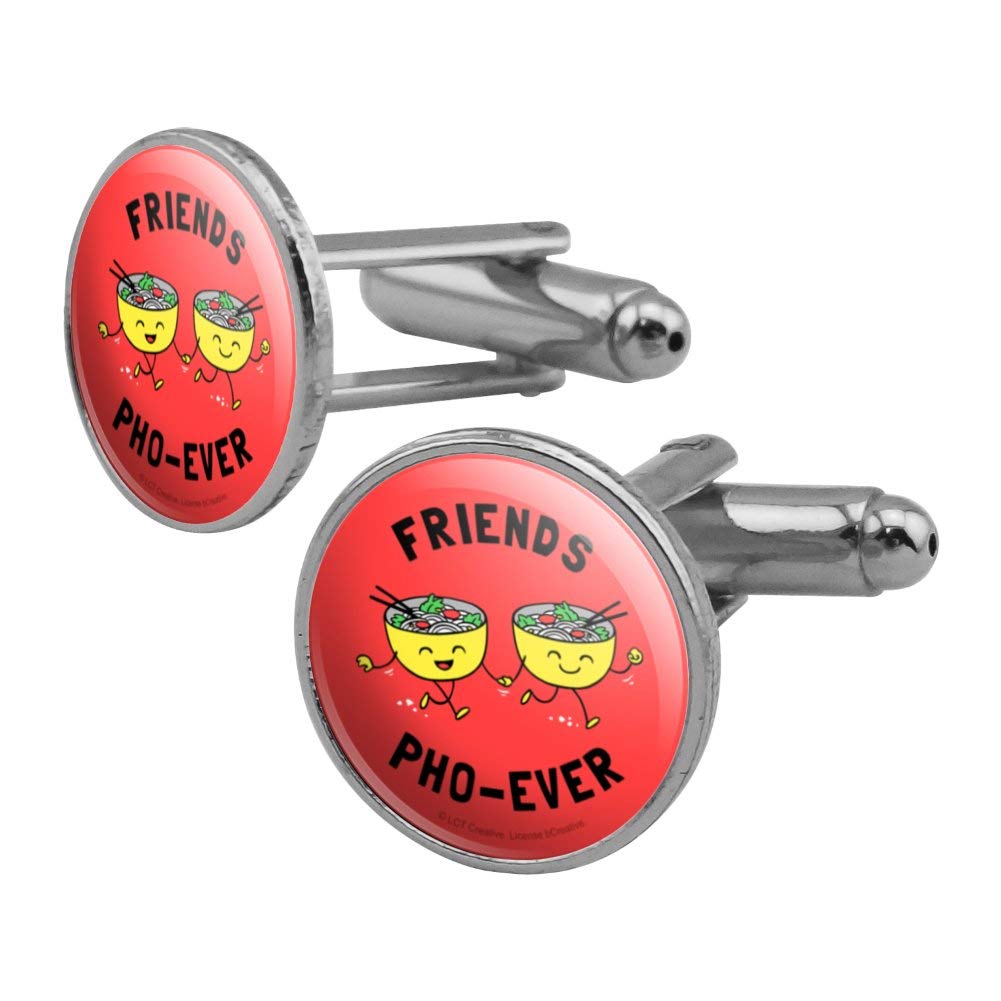Friends Pho-Ever Forever Noodle Soup Funny Humor Round Cufflinks Set - Silver Tone Novelty Gift for Fans, TV Show Lovers & Office Professionals