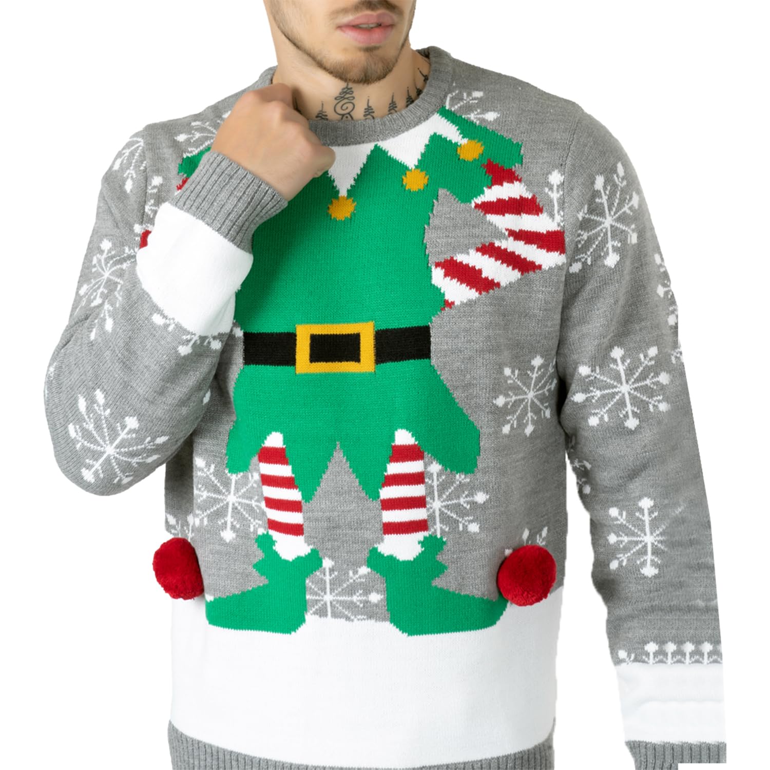 NOROZE Christmas Sweater for Men & Women - Elf Knit Jumper (Grey, XXL) - Holiday Party Wear