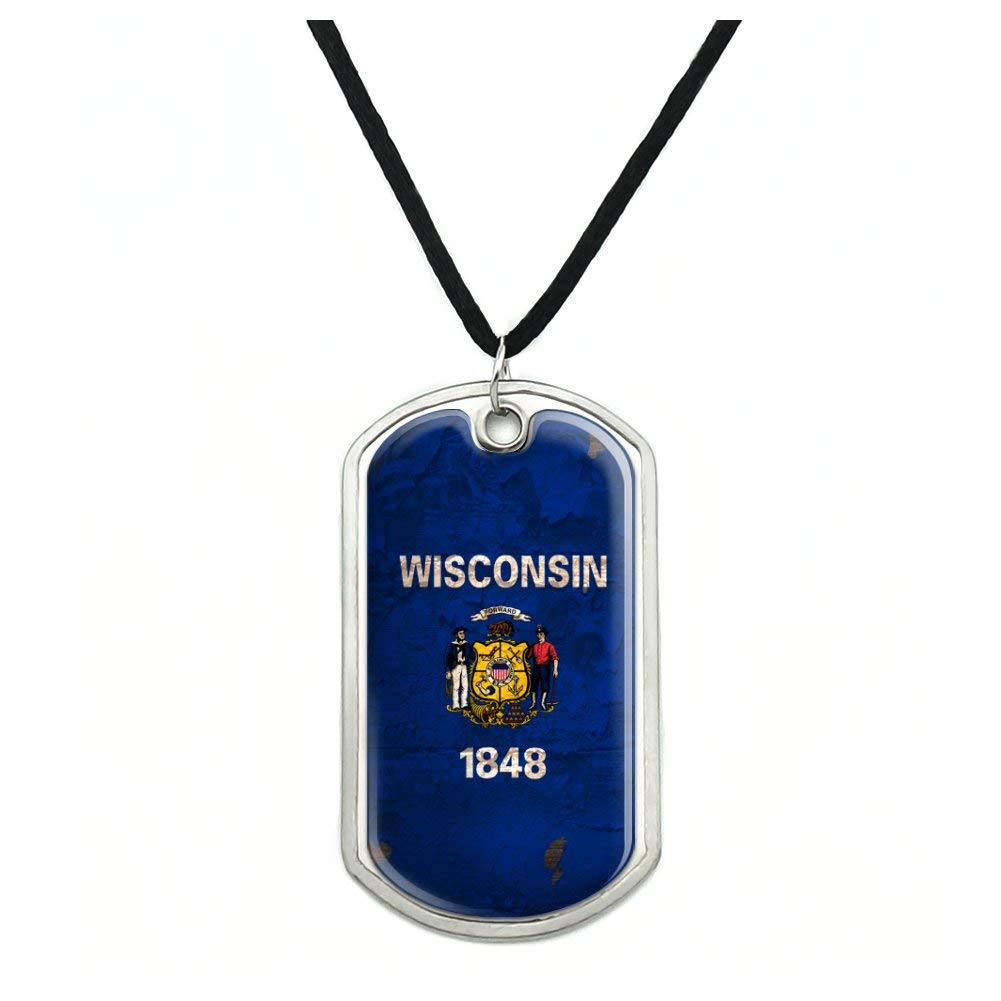 Vintage Rustic Wisconsin State Flag Dog Tag Pendant Necklace - Distressed USA Military Style Cord Necklace for Men & Women - Perfect for Outdoor Adventures, Patriotic Events and Everyday Wear