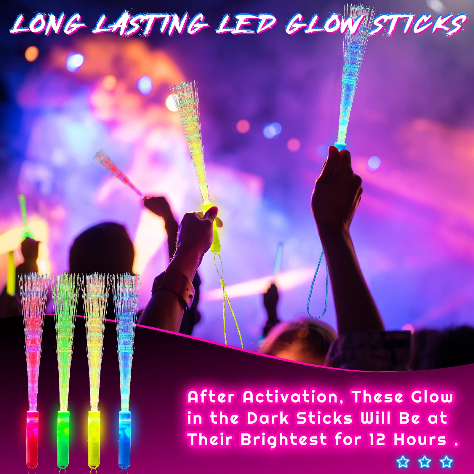 Lewtemi 300 Pcs Glow Fiber Optic Wand LED Flashing Sticks - Colorful Battery Operated Light Up Party Favors for Raves, Concerts, Nightclubs & Birthday Celebrations