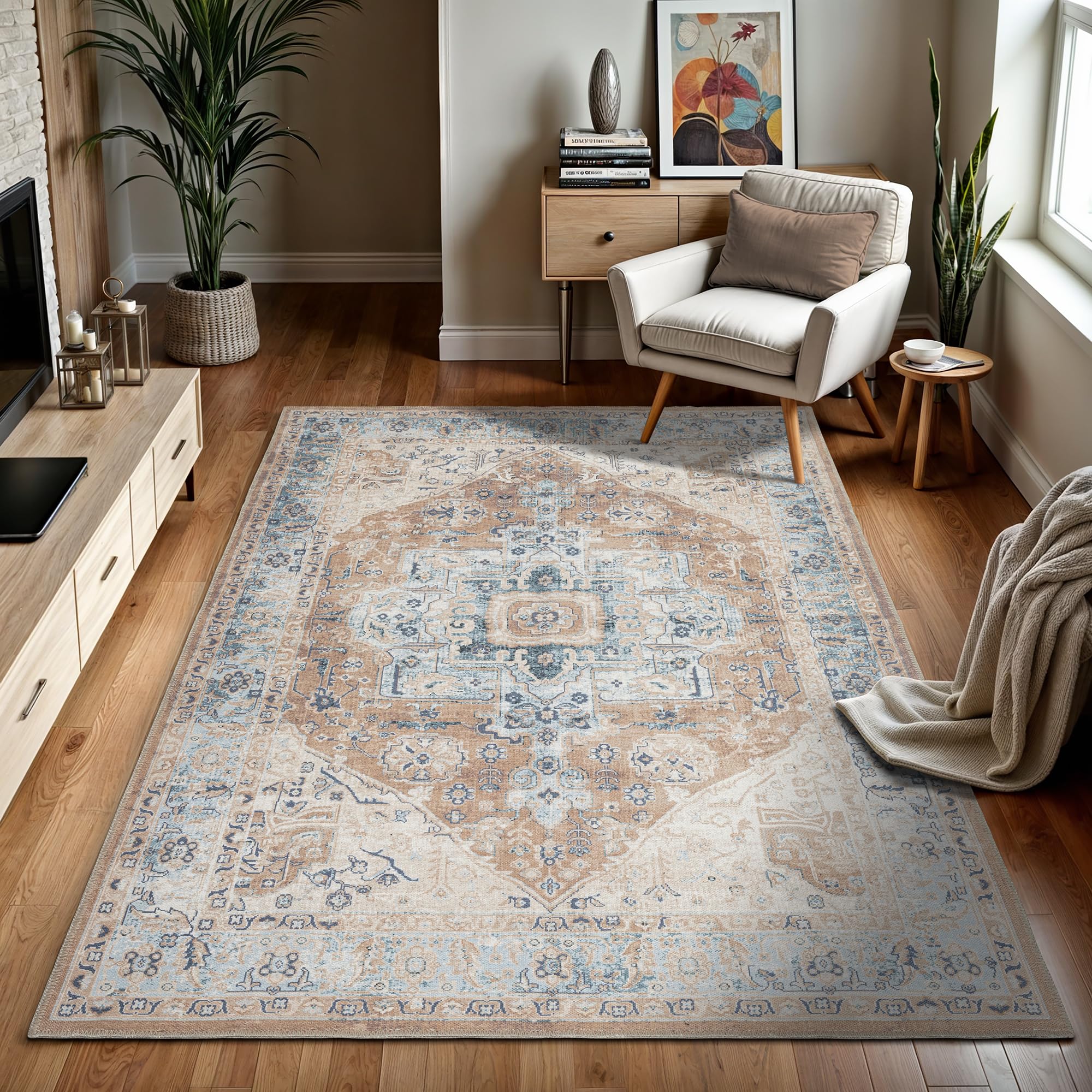 Vintage Washable Area Rug - Non Slip Low Pile Machine Washable Rug for Living Room, Bedroom & Bathroom - Easy Clean 7'10