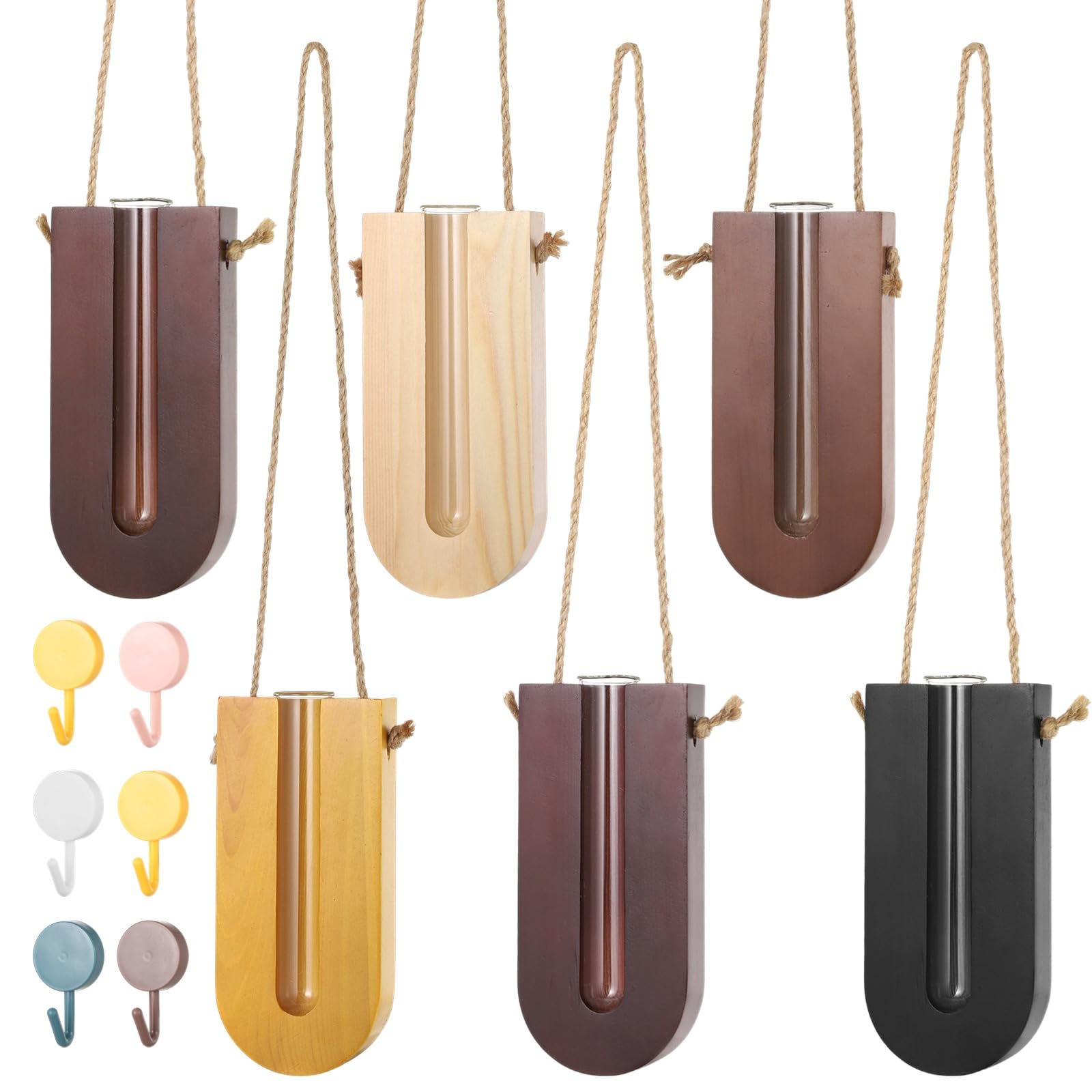 6 PCS Wooden Wall Planters with Glass Tubes - Indoor Hanging Flower Vases, Modern Wood Holder Wall Decor for Home, Office, Cafe - Perfect for Small Spaces, Kitchen Herbs & Living Room Greenery