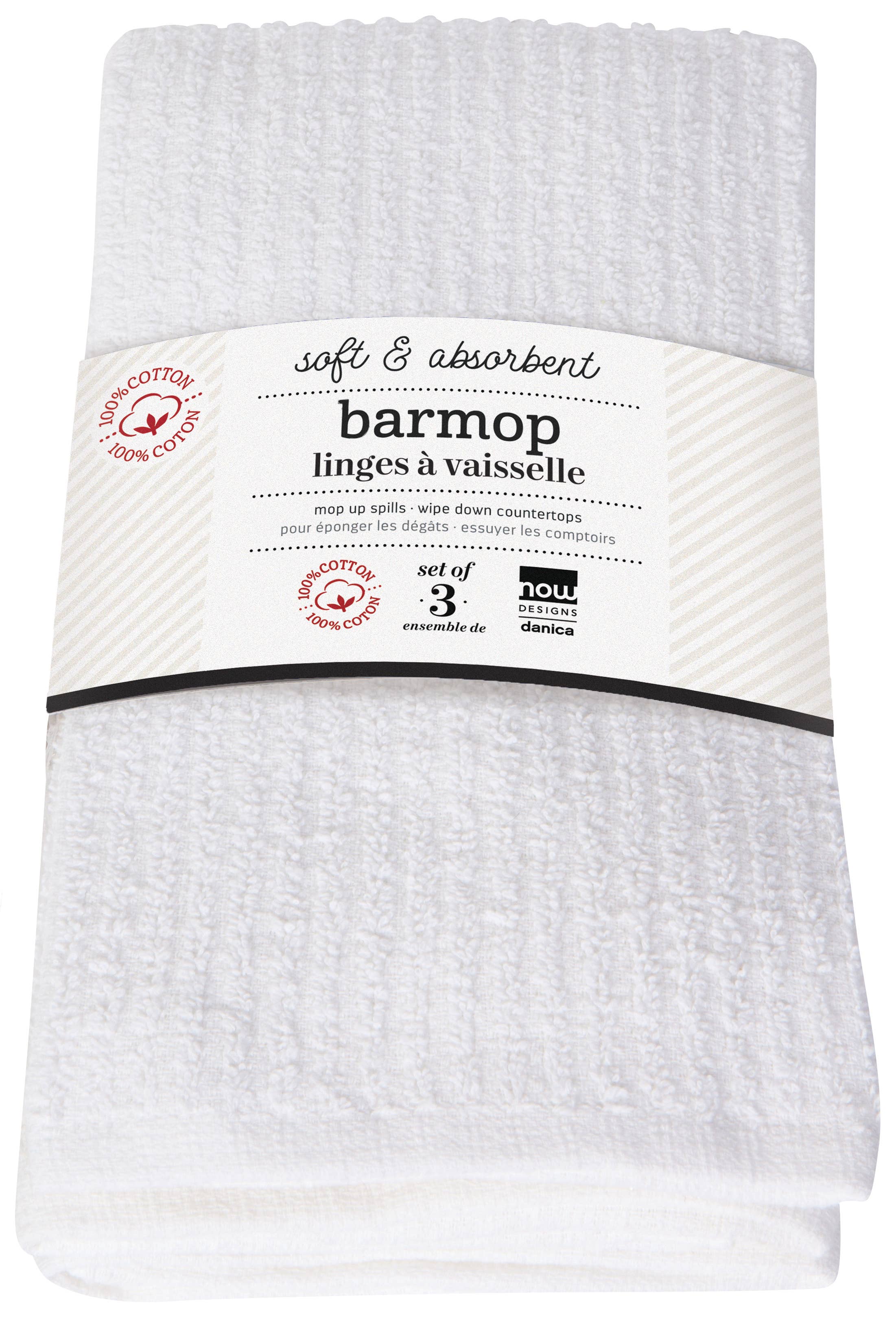 Now Designs by Danica Large White Bar Mops Set of 3 - Premium Absorbent Kitchen Towels for Bars, Restaurants & Home Use