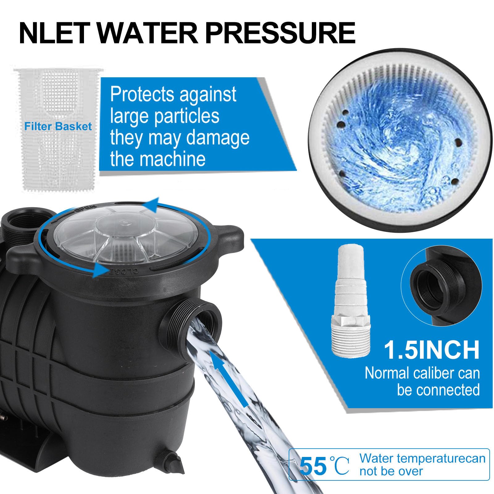 1.5HP Self Priming Pool Pump - 110V/220V Dual Voltage Inground & Above Ground Swimming Pool Pump - 1100W 60Hz Single Speed with Strainer Basket - Silent Operation - Perfect for Residential & Commercial Pools, Spas, and Water Features