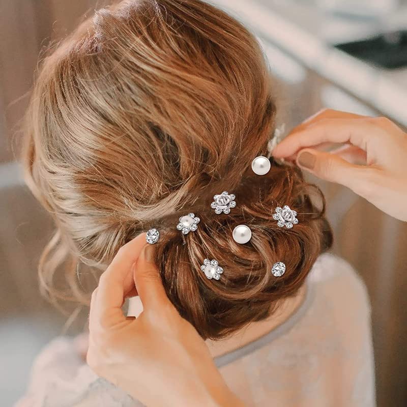 FAMEZA 12 Pcs Silver Rhinestone Pearl Wedding Hair Pins for Brides, Bridesmaids & Women – Elegant Hair Clips for Bridal Updos, Prom & Special Occasions