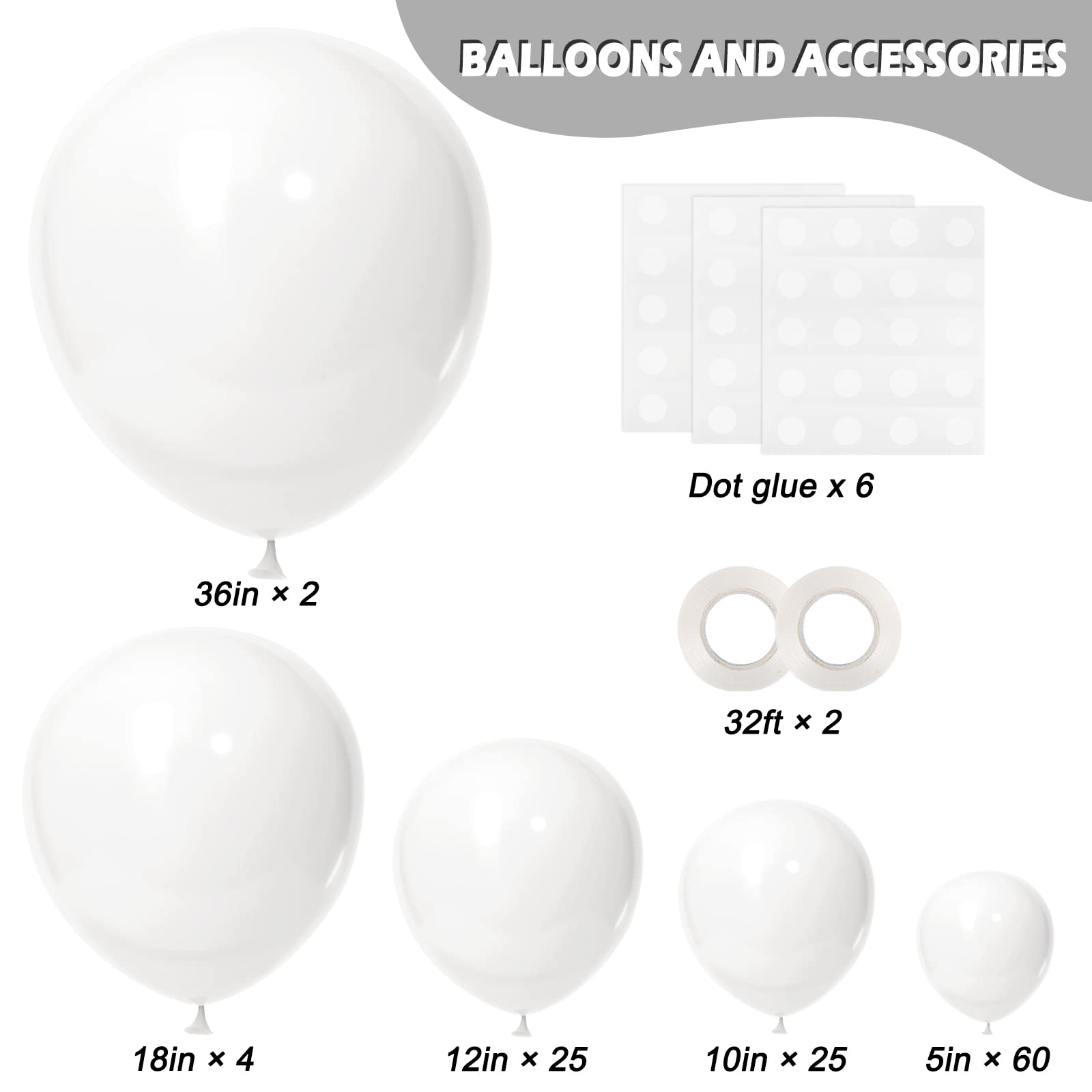 RUBFAC 116pcs White Balloons Set - 36/18/12/10/5 Inch Large Balloons for Party Decorations | Perfect for Birthday, Baby Shower, Gender Reveal & Wedding Decor | Create Stunning Balloon Garlands & Arches