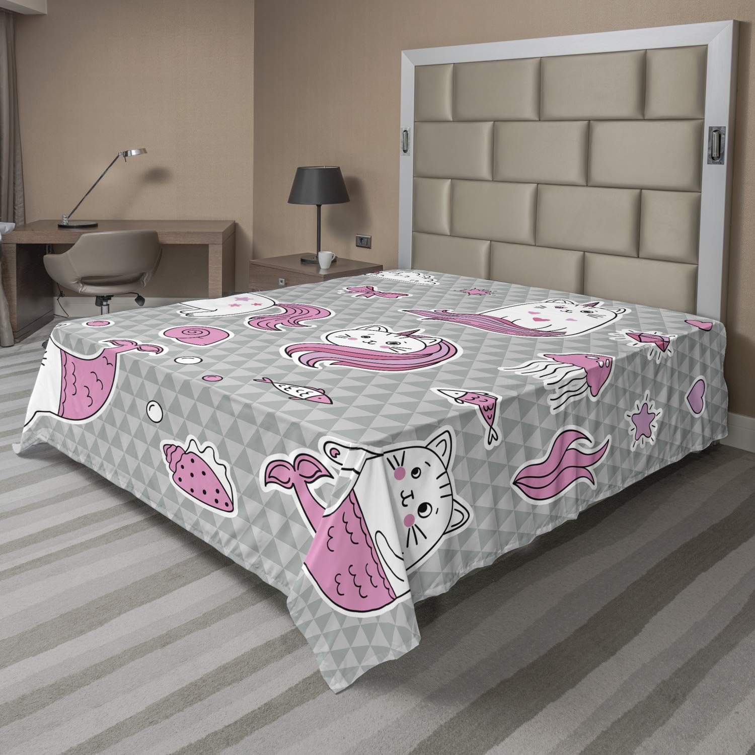 Ambesonne Unicorn Cat King Size Flat Sheet - Soft Comfortable Decorative Bedding with Underwater Theme (Grey Pale Pink White) for Kids' Bedroom, Dorm Room, or Gift