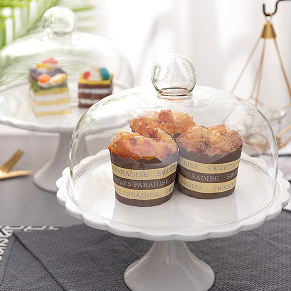 White Porcelain Cake Stand with Glass Dome - 25x23.5x23.5cm Decorative Dessert Display for Weddings, Birthdays & Parties | Elegant Cupcake, Pastry & Candy Serving Plate for Home Baking & Special Events