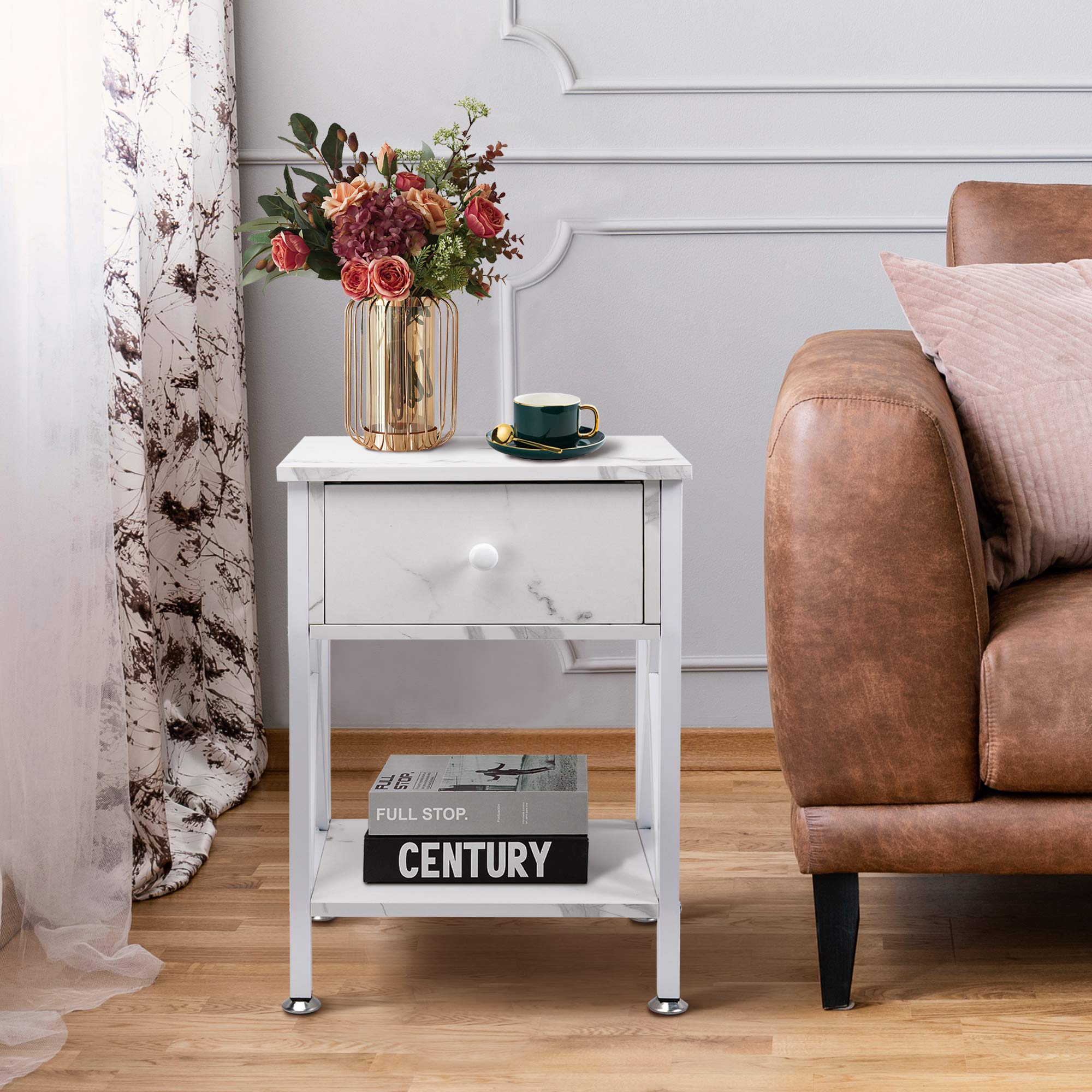 GOOD & GRACIOUS Multi-Function Nightstand with Drawer & Shelf - Narrow X-Shape Frame End Table for Bedroom, Living Room - Marble White | Perfect for Small Spaces, Bedside Storage & Modern Home Decor