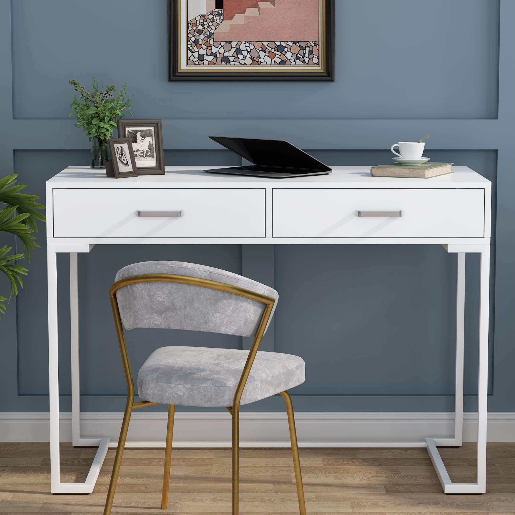 Tribesigns 40 Inch White Computer Desk with 2 Drawers - Modern Simple Study Desk & Makeup Vanity Table for Small Spaces - Perfect for Home Office, Bedroom, Dorm Room & Workspace Organization
