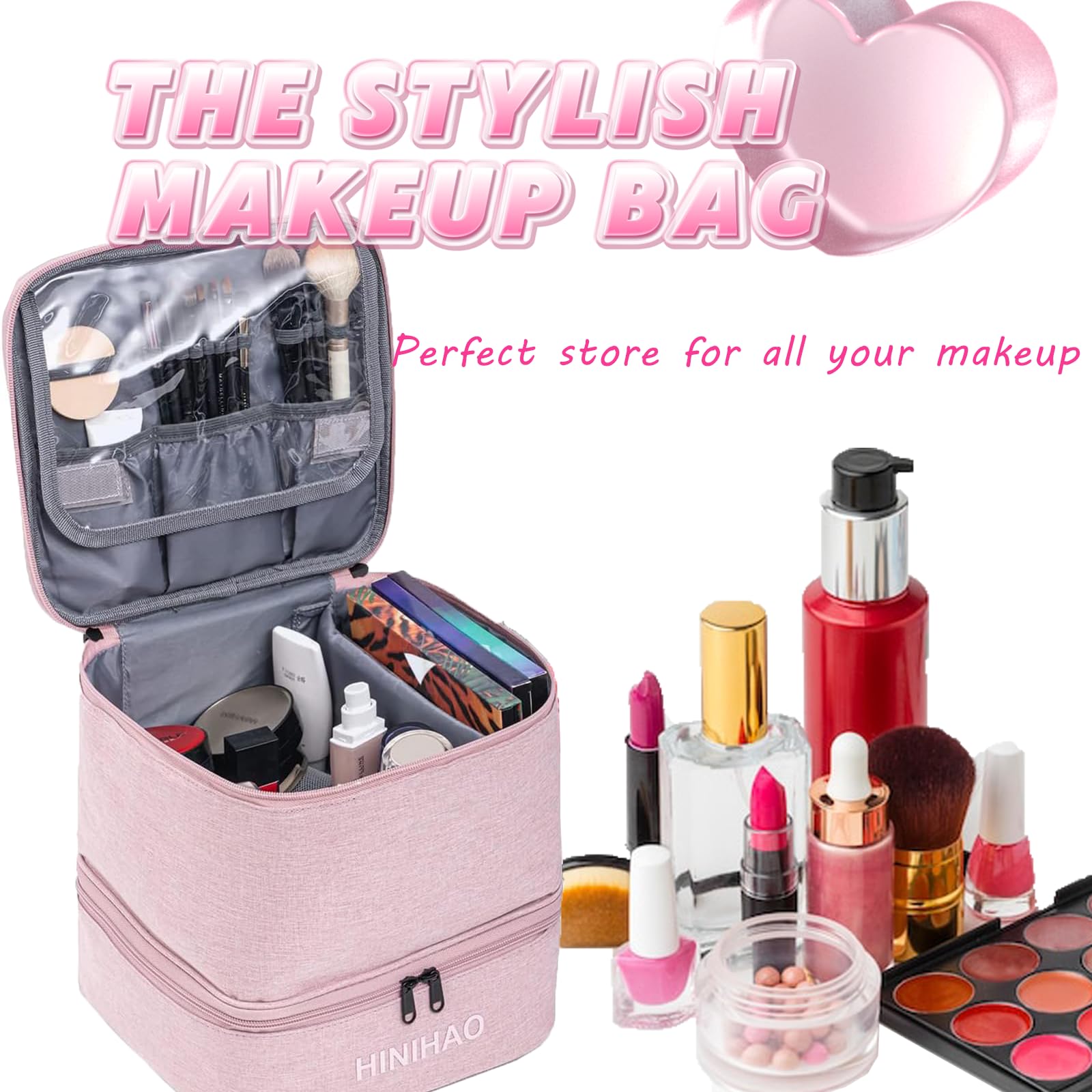Large Pink Makeup Bag with Handle & Adjustable Dividers - Double Layer Travel Cosmetic Organizer for Brushes & Cosmetics | Perfect for Travel, Home Storage & On-the-Go Touch Ups