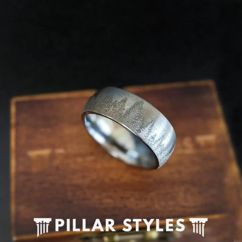 Men's Silver Tungsten Wedding Band - Unique Tree Ring Design, 8mm/6mm Width, Nature Inspired Forest Etching - Durable & Scratch Resistant Jewelry for Outdoor Enthusiasts | Perfect Gift for Him, Anniversary, or Nature Lover