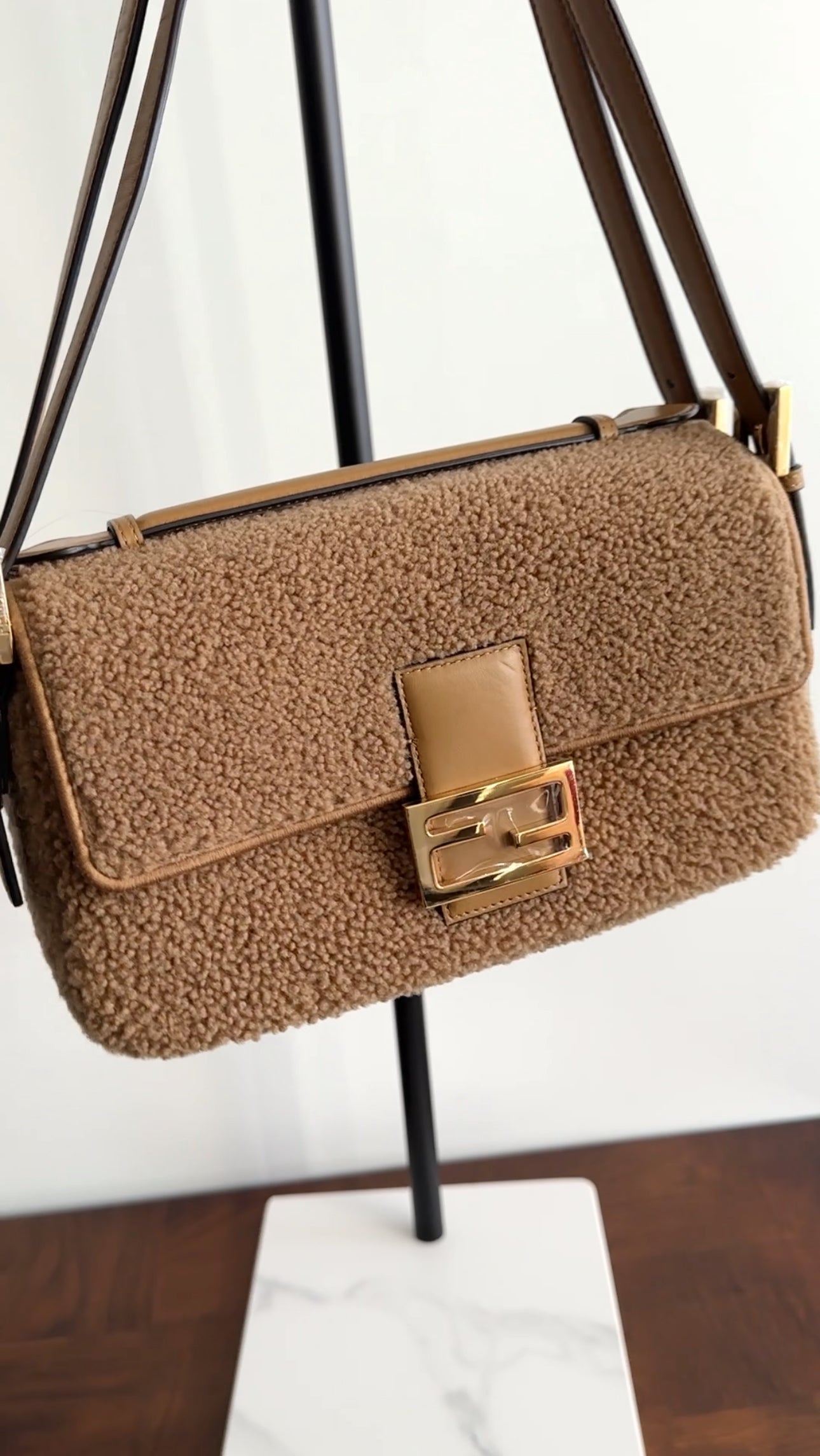 Fendi Brown Shearling Double Flap Baguette Bag - Luxury Designer Shoulder Bag for Women | Perfect for Parties, Date Nights & Special Occasions