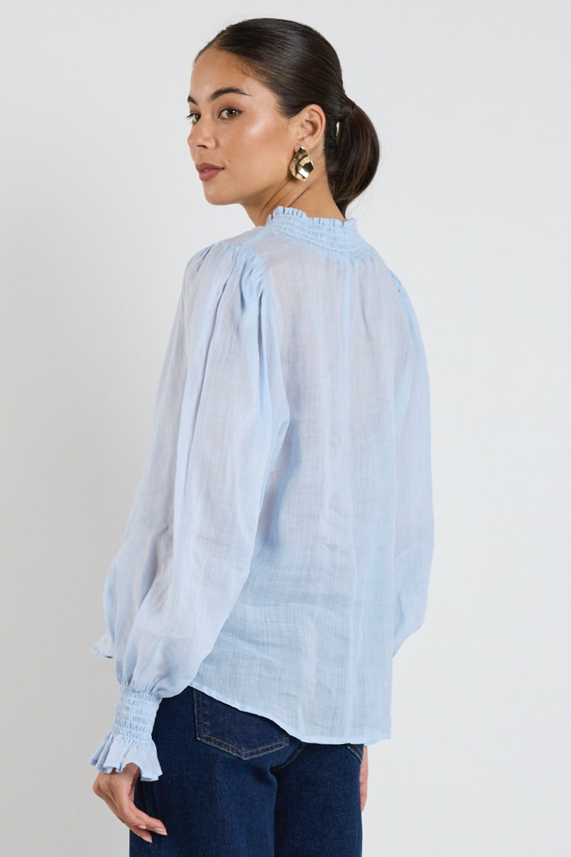 Embrace Ice Blue Ramie Shirred Neck Long Sleeve Top for Women - Boho Chic Blouse for Casual Wear & Summer Outfits