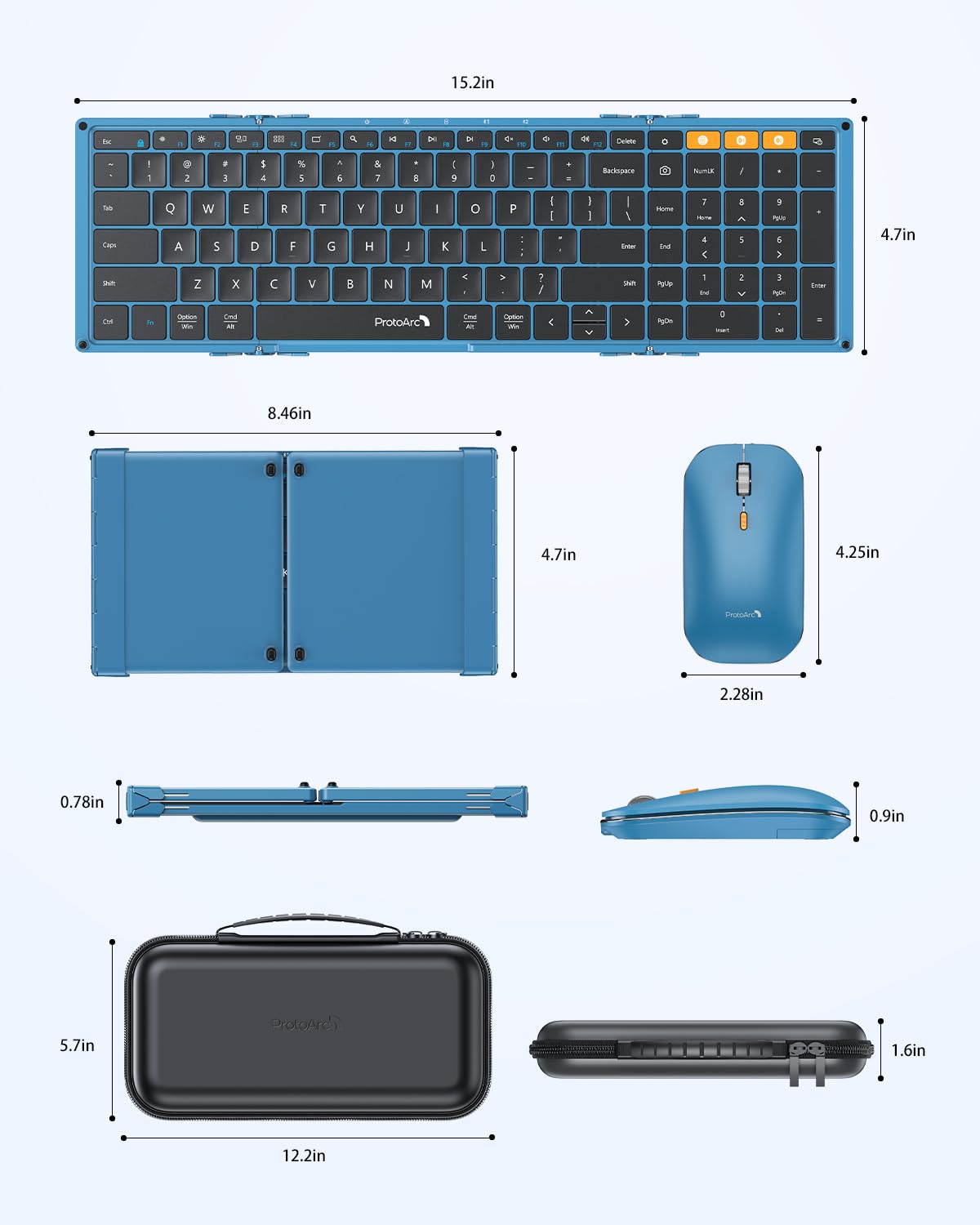 ProtoArc XKM01 Foldable Bluetooth Keyboard and Mouse Combo - 2.4G Wireless & Dual Bluetooth Portable Full-Size Keyboard for Laptop, iPad, Tablet - Perfect for Business Travel, Home Office & Remote Work (Blue & Black)
