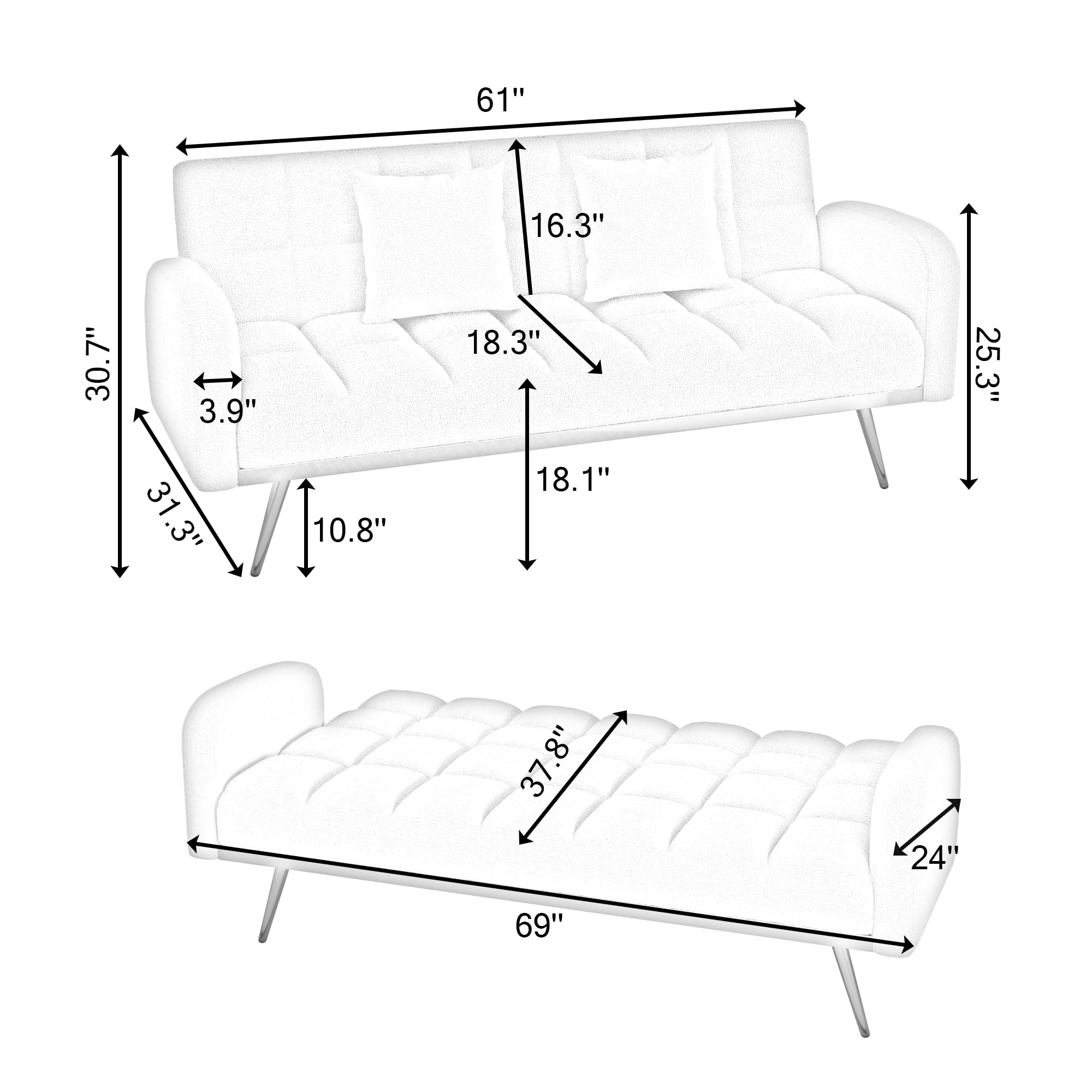 Verfur Teddy Fleece Sleeper Futon Couch with Golden Metal Legs & Adjustable Backrest - Convertible Loveseat Sofa Bed for Living Room, Bedroom & Small Spaces - Cozy Daybed, Foldable Sofa Couch for Napping, Guest Sleeping & Relaxing