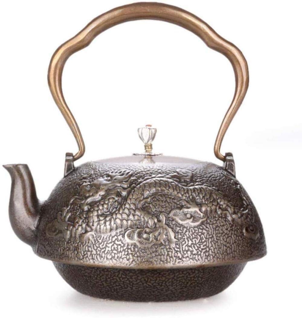 Premium Cast Iron Teapot Set - 1.1L Traditional Japanese Tetsubin with Double Dragon Copper Lid & Handle, Uncoated Retro Style for Authentic Tea Brewing | Perfect for Matcha, Loose Leaf Tea & Home Tea Ceremonies