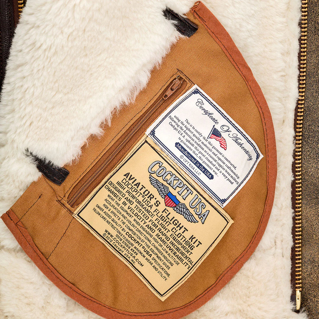 Cockpit USA Men's B-3 Sheepskin Bomber Jacket with Hood - Genuine Leather Aviator Coat for Winter, Cold Weather & Outdoor Activities