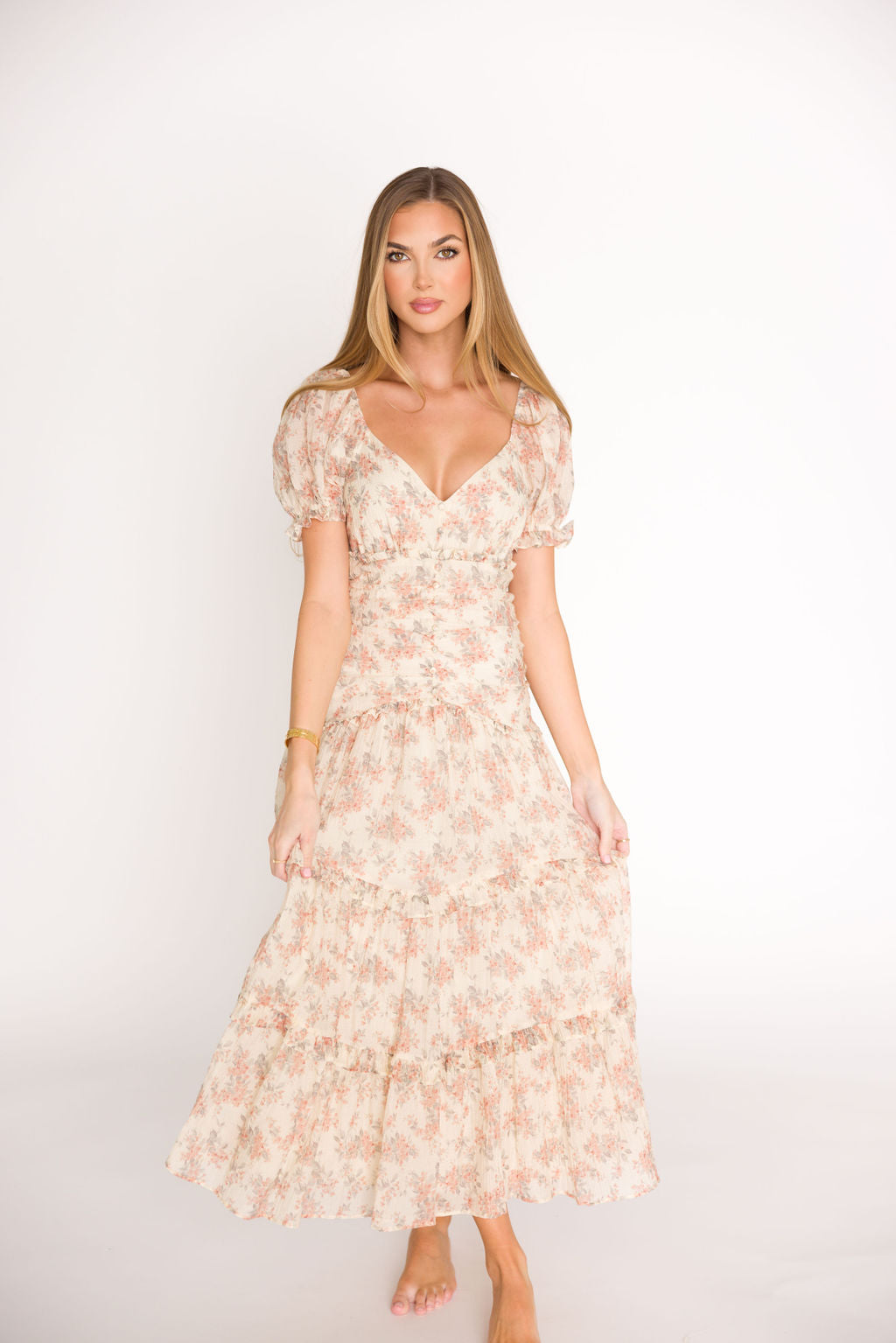 Jenna Ruffled Maxi Sundress in Cream/Multi Floral - Flowy Summer Dress for Beach, Vacation & Casual Wear | Women's Boho Chic Dress with Ruffle Details