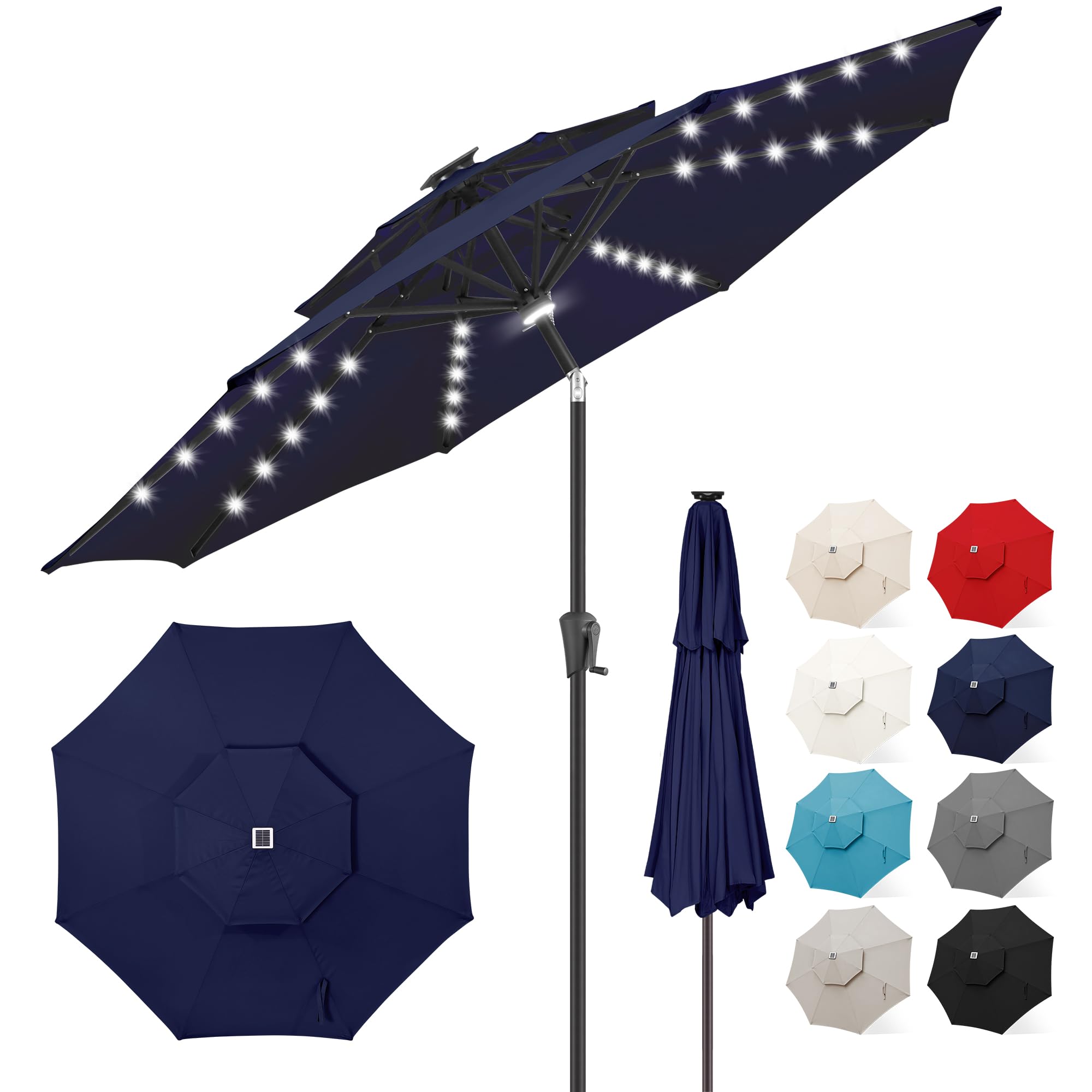 FLAME&SHADE 9ft Solar Powered LED Patio Umbrella with Tilt - Navy Blue Outdoor Market Table Umbrella for Poolside, Garden, and Backyard Dining
