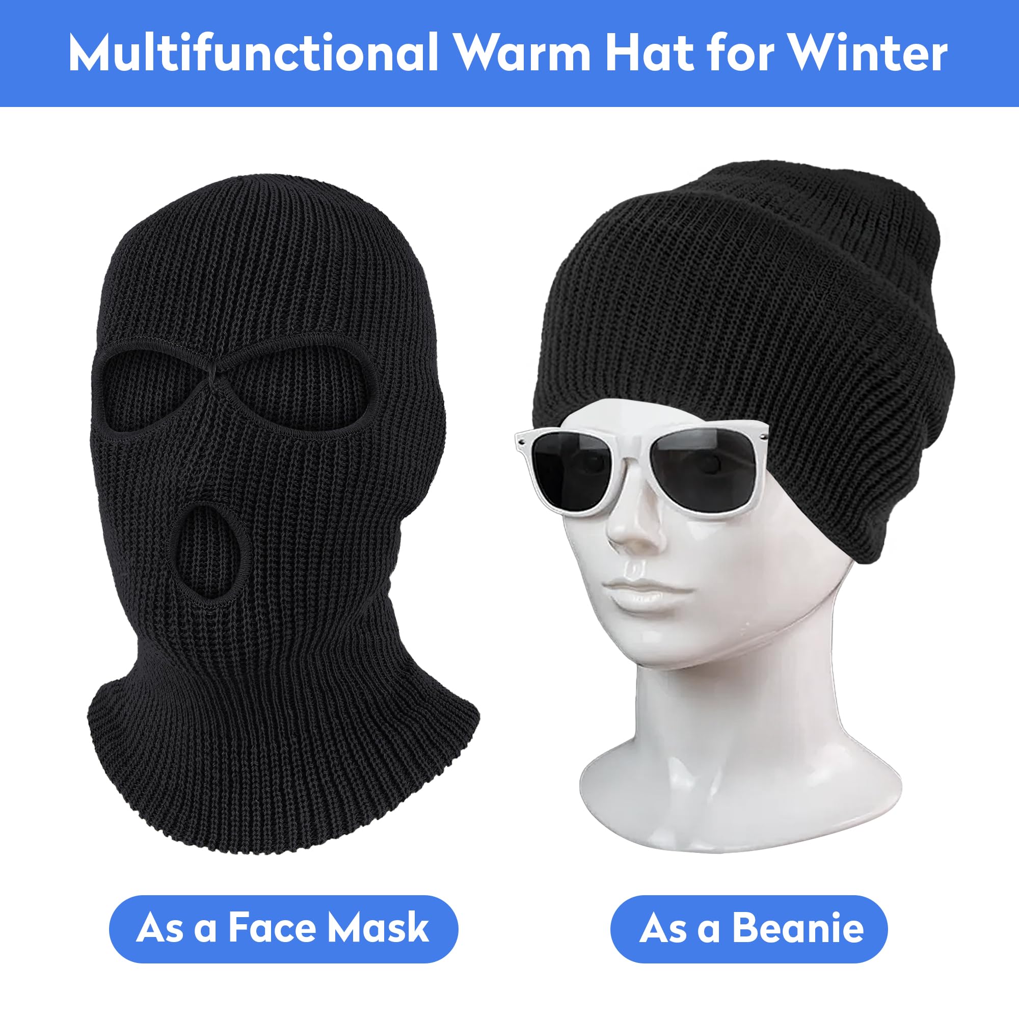 Pukavt 3 Hole Winter Knitted Mask - Warm Full Face Cover Balaclava for Skiing, Motorcycle, Snowboarding & Outdoor Activities | Cold Weather Protection for Men & Women