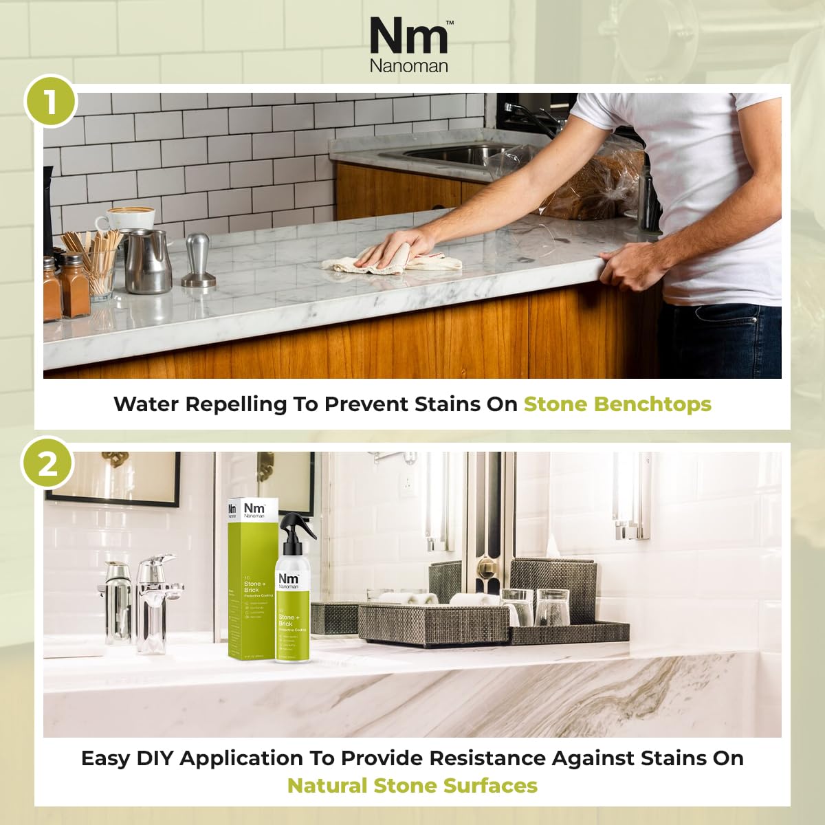 NANOMAN Stone and Brick Sealer 8.4 fl oz – Waterproof Marble, Granite, Quartz, Concrete & Grout Protector | Long-Lasting Sealer & Cleaner Spray for Countertops, Floors & Outdoor Surfaces | Ideal for Kitchens, Bathrooms & Patios