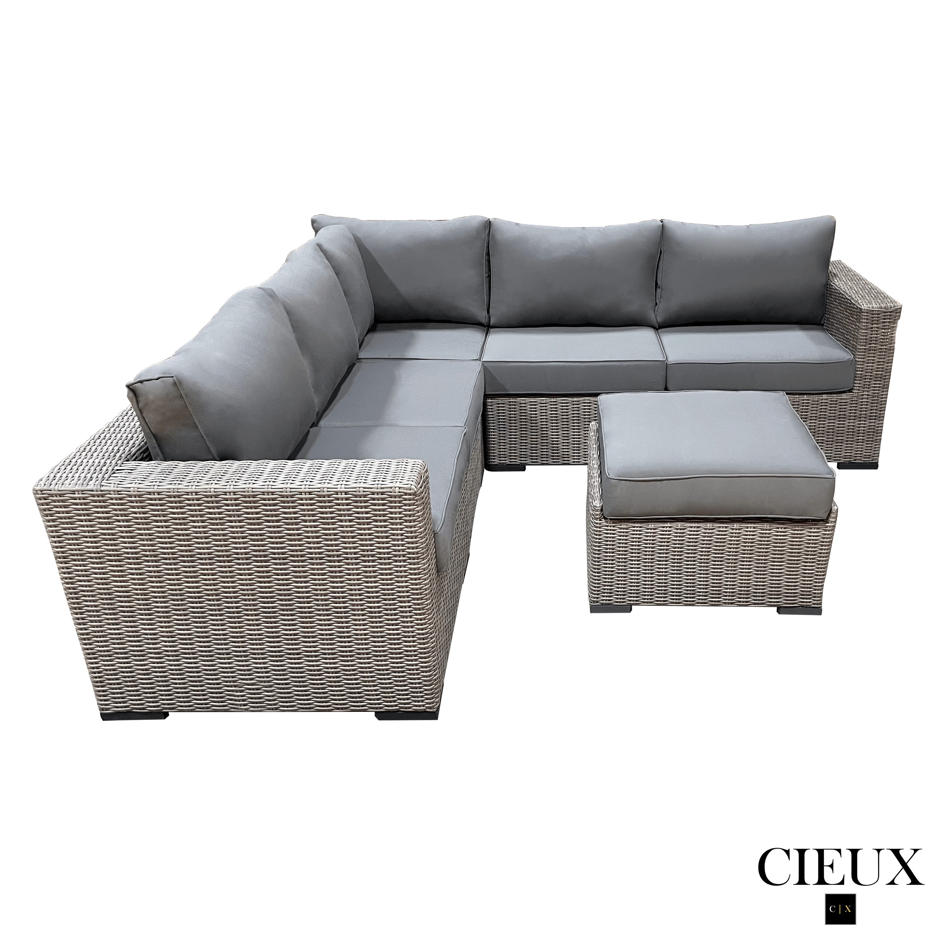 Riviera Outdoor Patio Wicker Corner Sectional Sofa Set with Ottoman - Grey Sunbrella Canvas Charcoal Cushions | Weather-Resistant All-Weather Wicker Furniture for Poolside, Garden & Backyard Relaxation