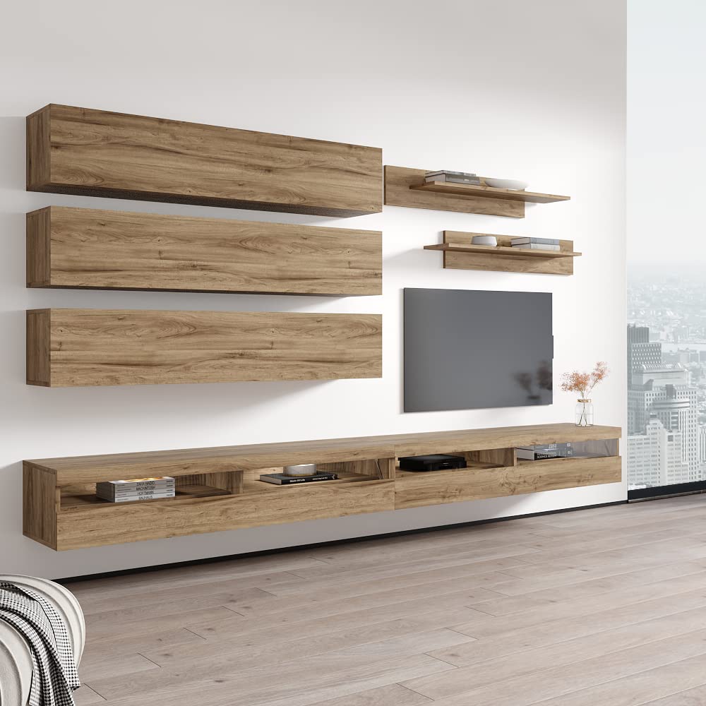 Modern Floating TV Stand with Storage & LED Lights - Wall-Mounted Entertainment Center for Bedroom & Living Room - Oak Wood TV Console with Shelves & Storage Space | Perfect for Small Spaces, Apartments & Home Theater Setups