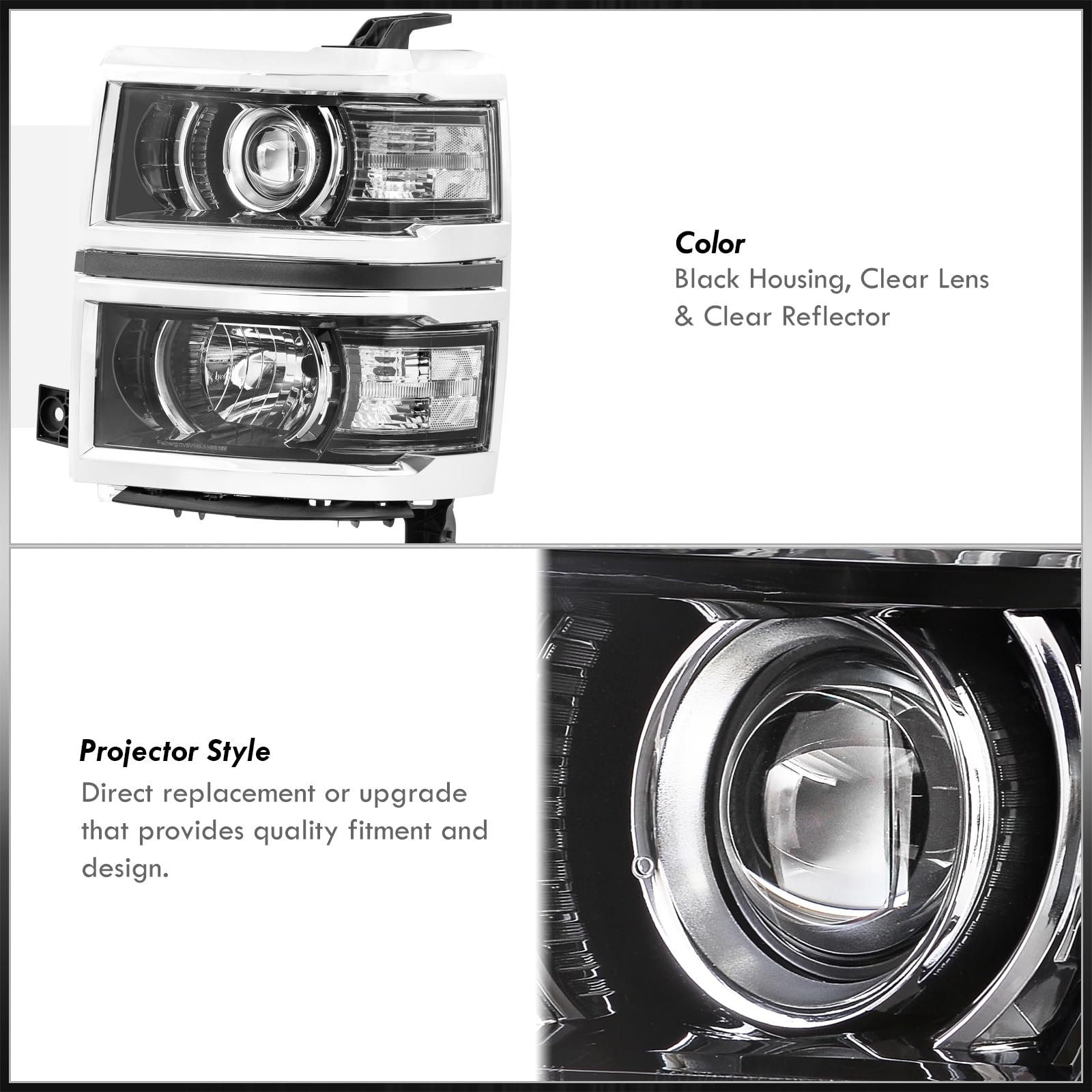 AJP Distributors Black Housing Clear Reflector LED Projector Headlights Pair - Compatible with 2014-2015 Chevy Silverado 1500 Pickup Truck | Improved Visibility & Style for Night Driving & Off-Road Adventures